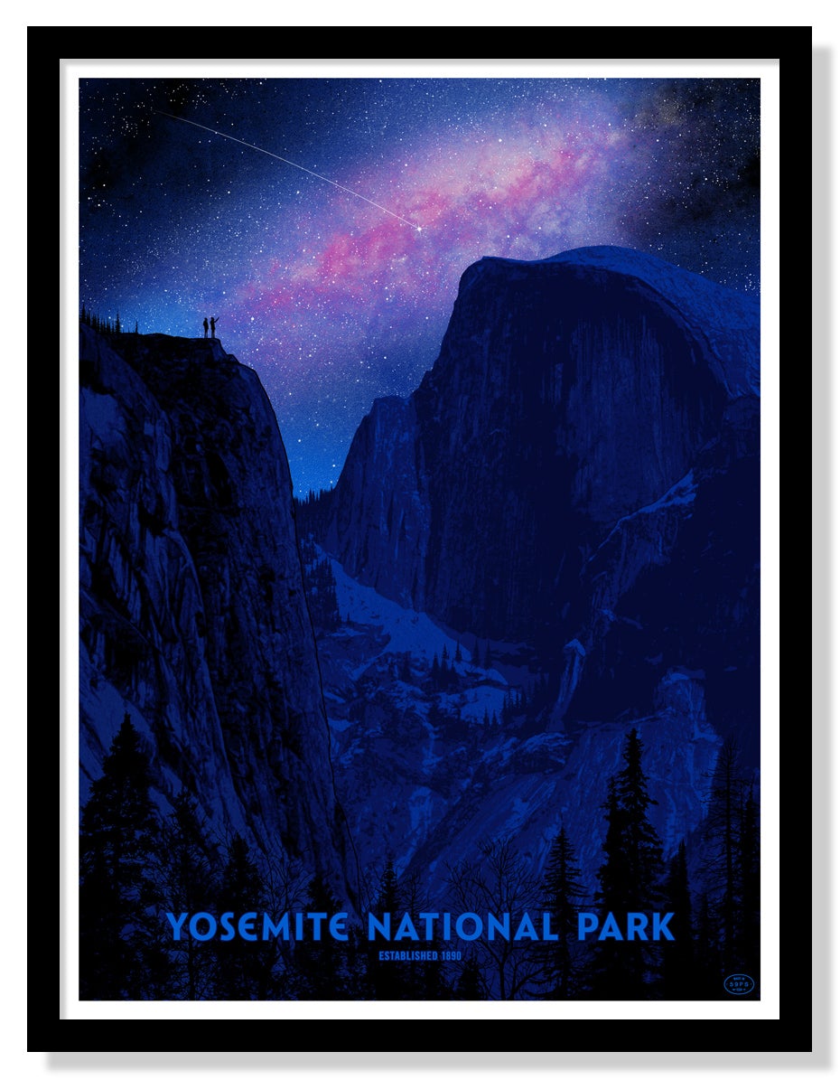 The Yosemite National Park (Night Sky) poster from the Fifty-Nine Parks Prints Series by Dan McCarthy features two figures on a cliff under a starry sky with a colorful galaxy above and Half Dome in the background, capturing Yosemites beauty.