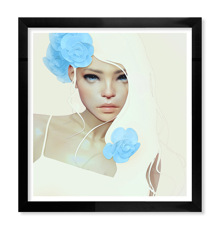 Flor Azul" by Cezar Brandao is a limited edition art print of a pale-skinned woman with long white hair, blue eyes, and blue roses, set against a soft minimalist background and framed in black.