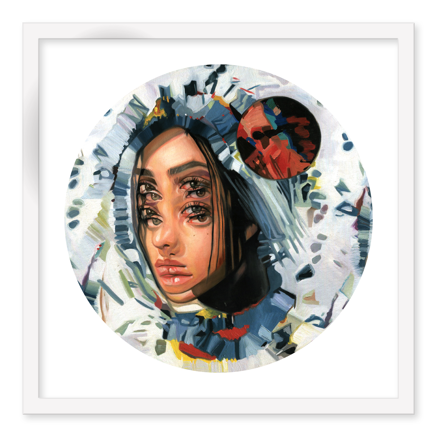 Under the Blood Moon by Alex Garant is a limited edition artistic portrait of a woman with multiple eyes, abstract patterns, and colors in a circular frame. A red-orange planet-like shape near her head adds a cosmic touch. It is signed and numbered.