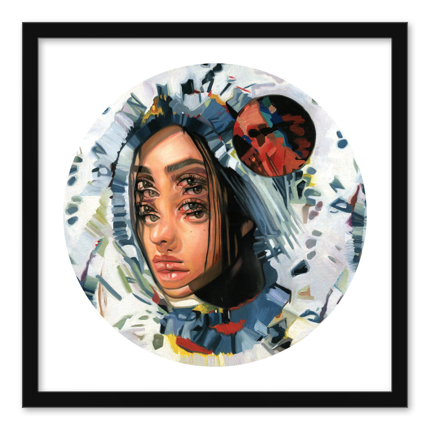 Under the Blood Moon by Alex Garant is a limited edition digital print showing a womans face with three sets of eyes and lips amidst vibrant colors and abstract patterns, framed in black. A red textured circle hovers above. Each print is signed, numbered, and authentic.
