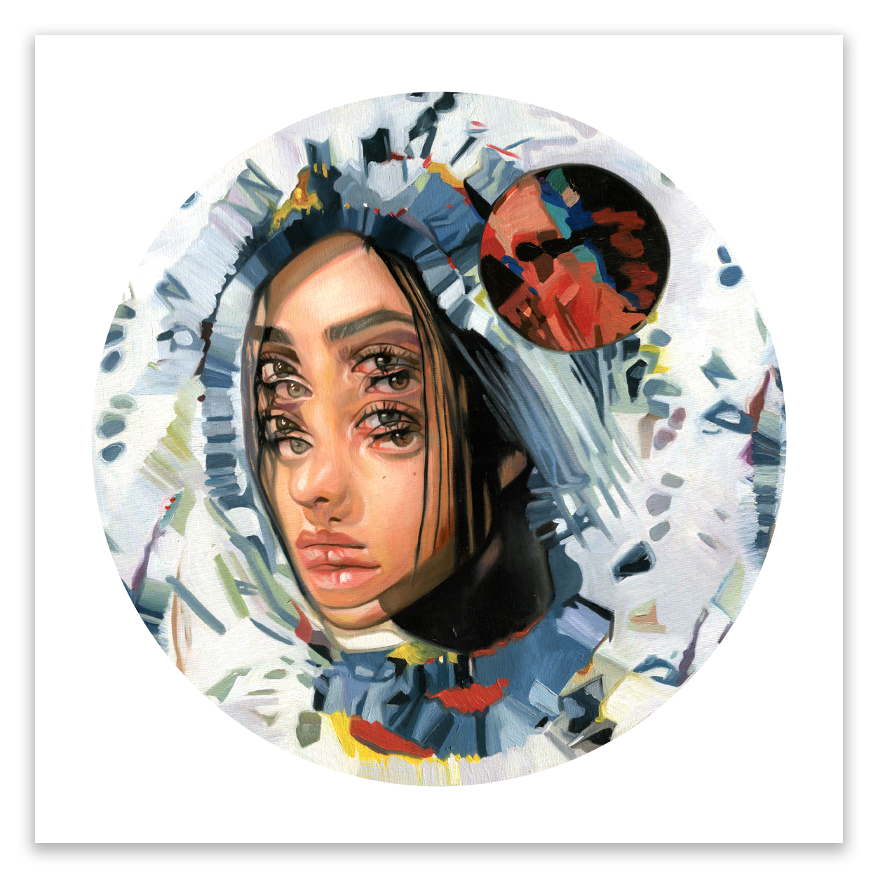 The limited edition Under the Blood Moon by Alex Garant features a surreal portrait of a woman with multiple eyes against a fragmented, colorful background, with abstract patterns and colors. A reddish circle in the top right resembles a planet or moon. Each piece is signed and numbered.