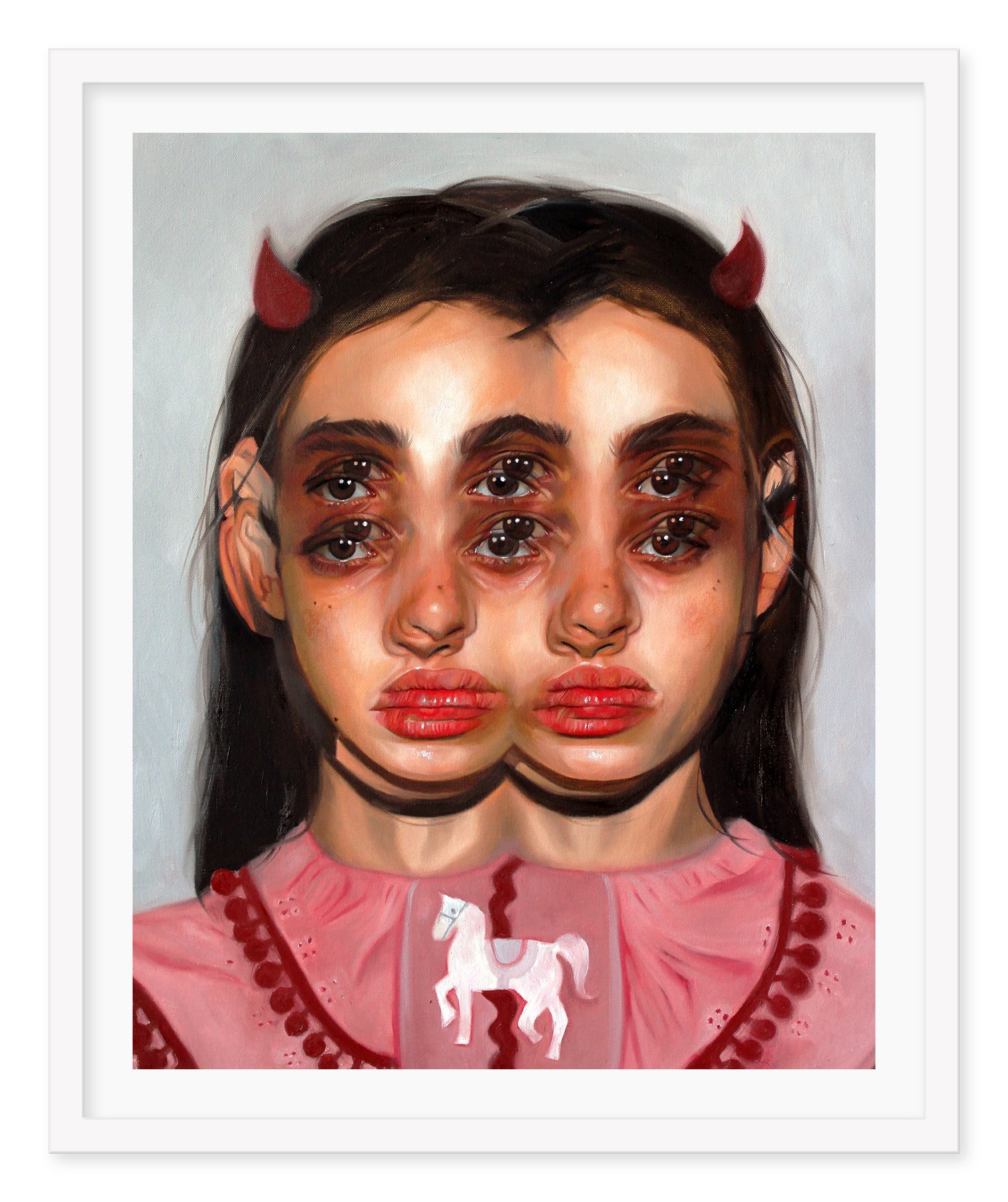 Carousel by Alex Garant is a surreal painting featuring a girl with overlapping faces, red horns, and a pink dress with a white horse. This dreamlike piece has a distorted effect like a carousel ride intertwining innocence and the supernatural. Ideal as an archival pigment print.