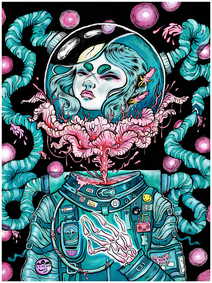 The Growing Up artwork by Lauren YS showcases a serene woman in a spacesuit and transparent helmet, her eyes gently shut. Her hair forms futuristic, colorful shapes that stretch into space. This limited edition fine art giclee print features dark glowing spheres as its backdrop.