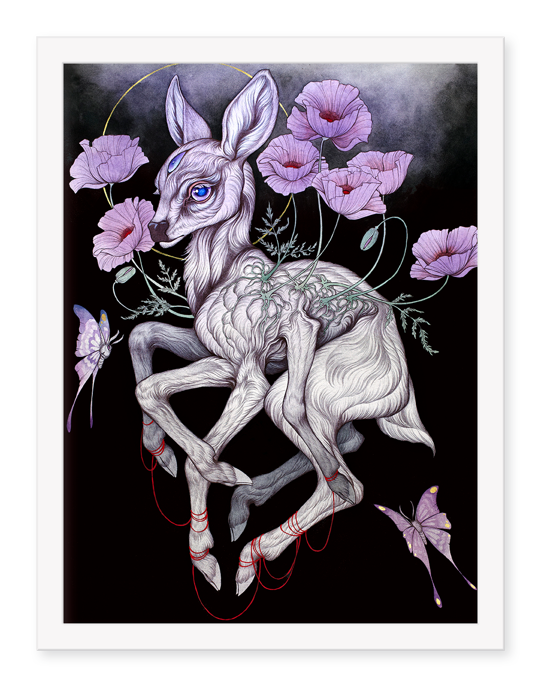 The Sacred Child" by Caitlin Hackett is a signed art print featuring a surreal white deer with blue eyes, entwined in red string and translucent veins, surrounded by purple poppies and butterflies on a dark, dreamlike background.