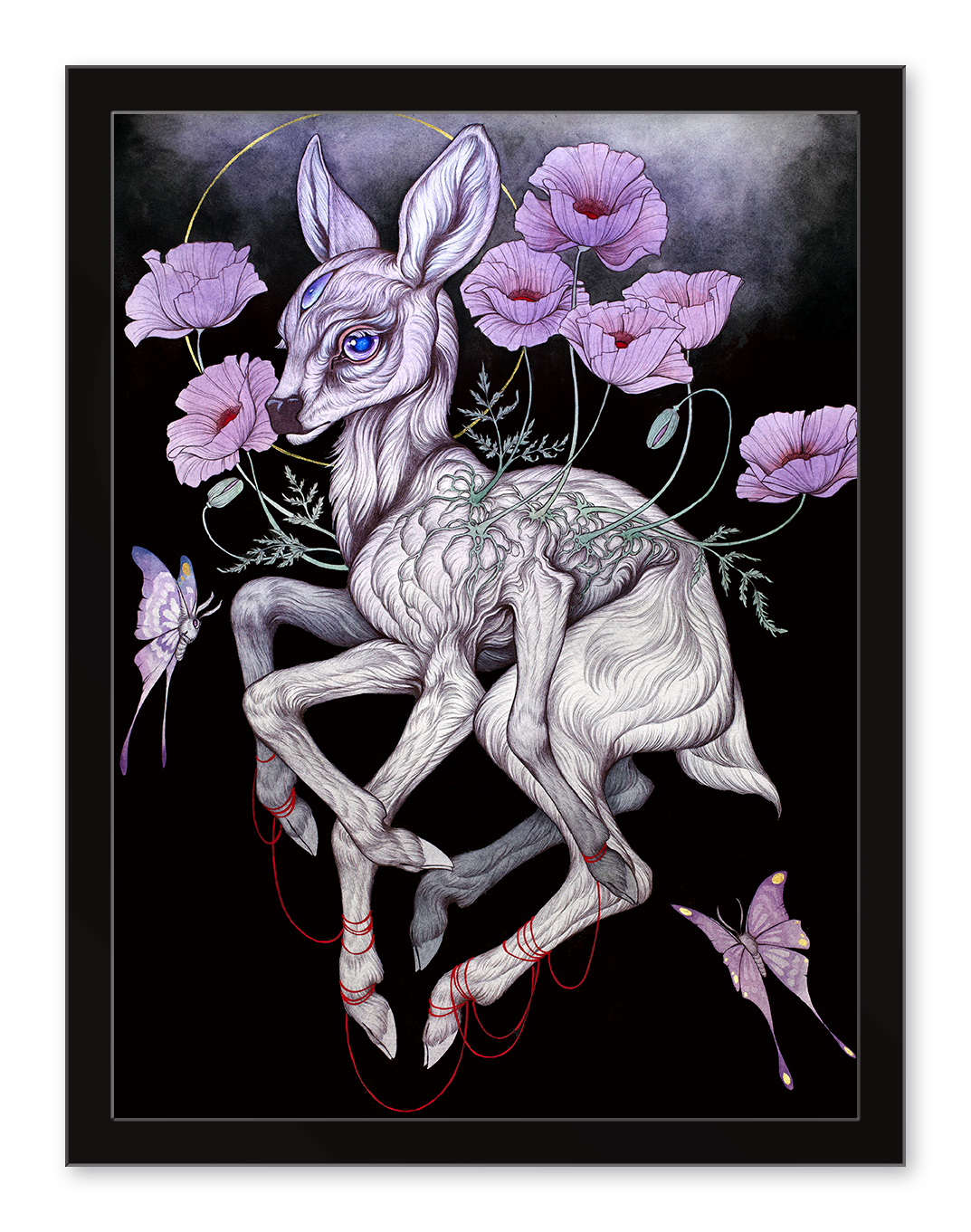 The Sacred Child" by Caitlin Hackett features a white deer with blue eyes and red strings, standing among purple poppies and moths on a dark background, with delicate lines connecting the deer and flowers. This is a signed art print.