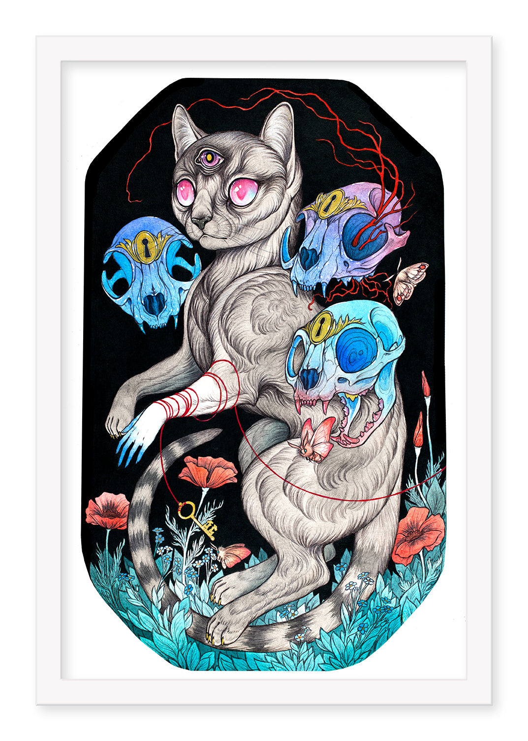 The Ghost Cat by Caitlin Hackett features a surreal two-headed cat with distinct expressions and a third eye, surrounded by colorful skulls, red string, flowers, and foliage—a mystical dance against a dark backdrop.