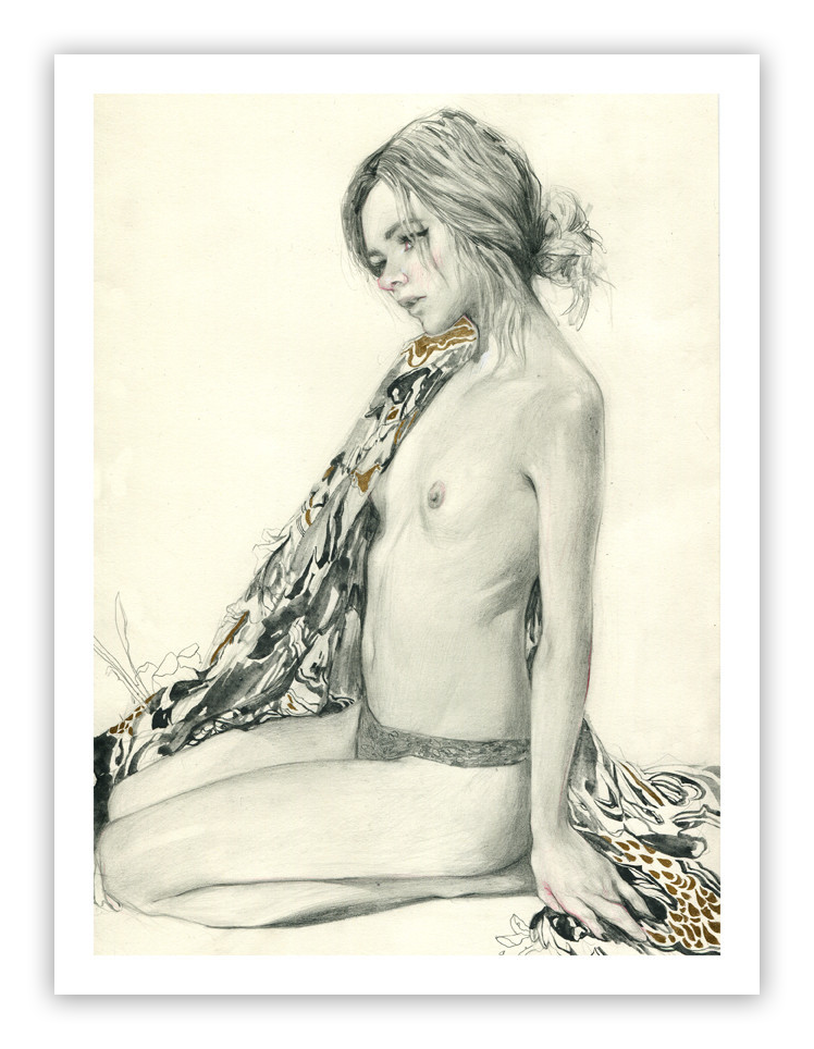 Pattern Study #1 by Helice Wen features a pencil drawing of a woman on her knees, partially draped in patterned fabric. Her hair is styled in a loose bun, and the artwork highlights delicate shading and minimal clothing. Available as a fine art giclee print.