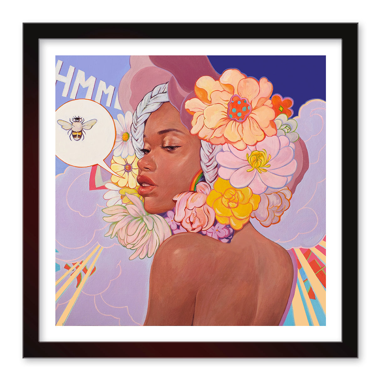 The Sweetness #4 painting by Helice Wen features a woman with vibrant flowers in her hair, gazing sideways. Next to her, a speech bubble includes a bee and the word HMM. The background blends clouds and rainbow beams. This archival pigment print is framed in black.