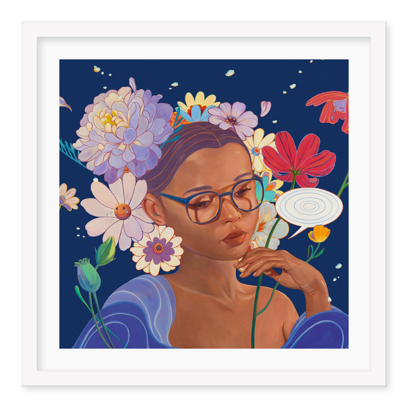 Sweetness No. 5 by Helice Wen depicts a woman with glasses, enveloped in vibrant flowers against a deep blue backdrop. Her serene expression and gentle hand emulate the beauty of delicate blooms and petals in this hand-embellished digital painting.