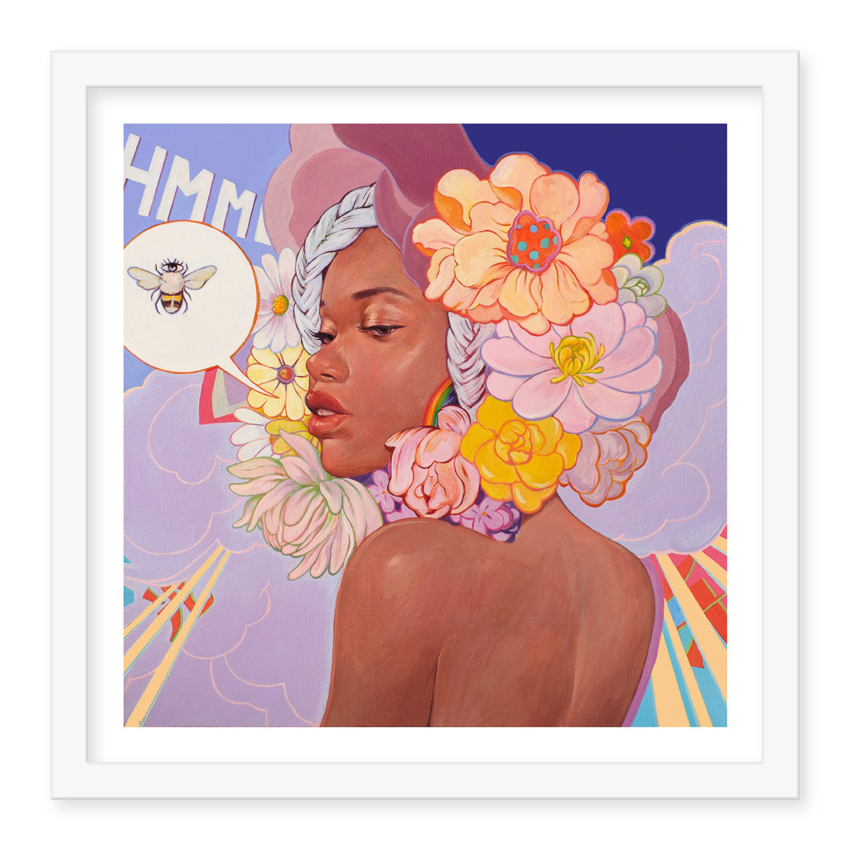 The *Sweetness #4* by Helice Wen features a woman with pastel flowers in her hair, gazing sideways. A speech bubble with HMM and a bee is to the left, set against clouds and colorful geometric rays, all captured in this exquisite archival pigment print.