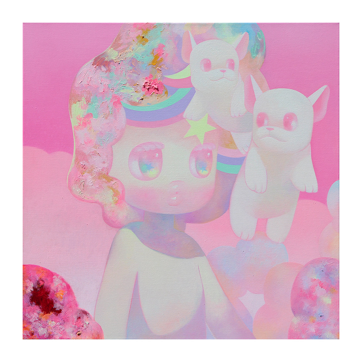 The whimsical Hide & Seek by So Youn Lee, a limited edition archival pigment print, showcases a rainbow-haired character with a star on the forehead, surrounded by two floating cat-like creatures amidst vibrant pink clouds and colorful abstract patterns.