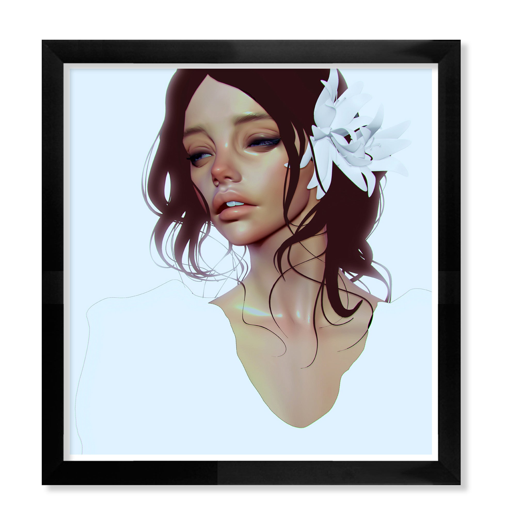 Hope" by Cezar Brandao is a limited edition framed Giclee Print featuring a woman with wavy brown hair, blue eyes, nude lips, and a white flower, captured in a calm, wistful pose against a soft background.