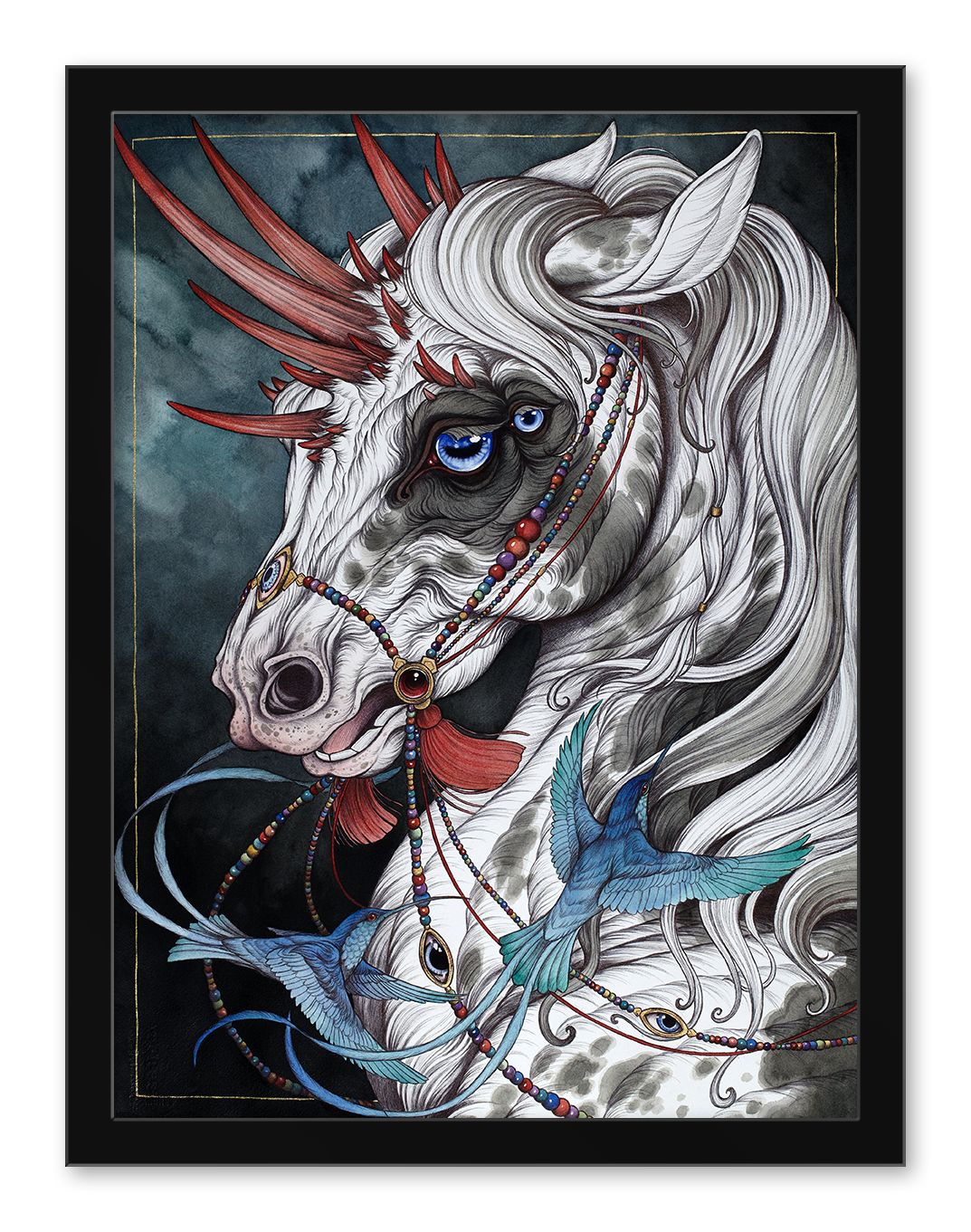 The Gift Horse, an exquisite archival pigment print by Caitlin Hackett, showcases a unicorn adorned with ornate red and blue decorations. Its multiple red horns and vibrant blue eyes captivate, while two blue birds gracefully hold decorative ribbons in their beaks.