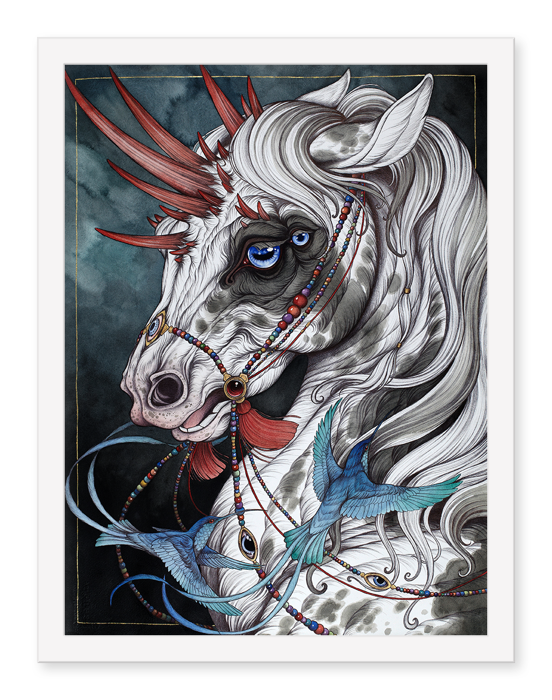 Caitlin Hacketts archival pigment print, The Gift Horse, showcases a mythical horse with a white mane, red horn-like protrusions, blue eyes, an ornate beaded bridle, and two blue birds with red accents on its head.