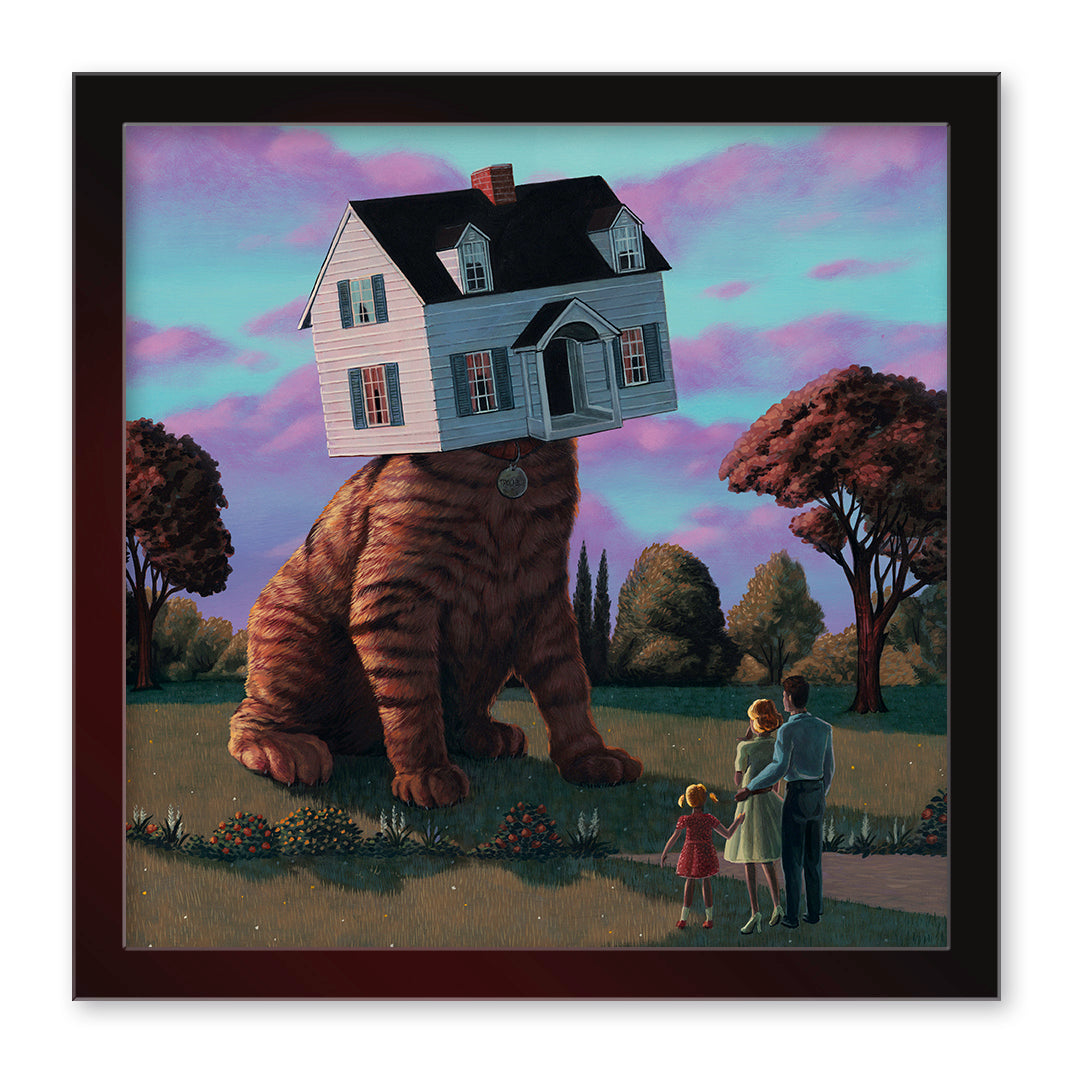 In a surreal scene reflective of Casey Weldons whimsical style, House Cat features a giant feline with a house for its head in the park. A family of three gazes in awe under a pink and blue sky, evoking the dreamy quality of an archival pigment print masterpiece.
