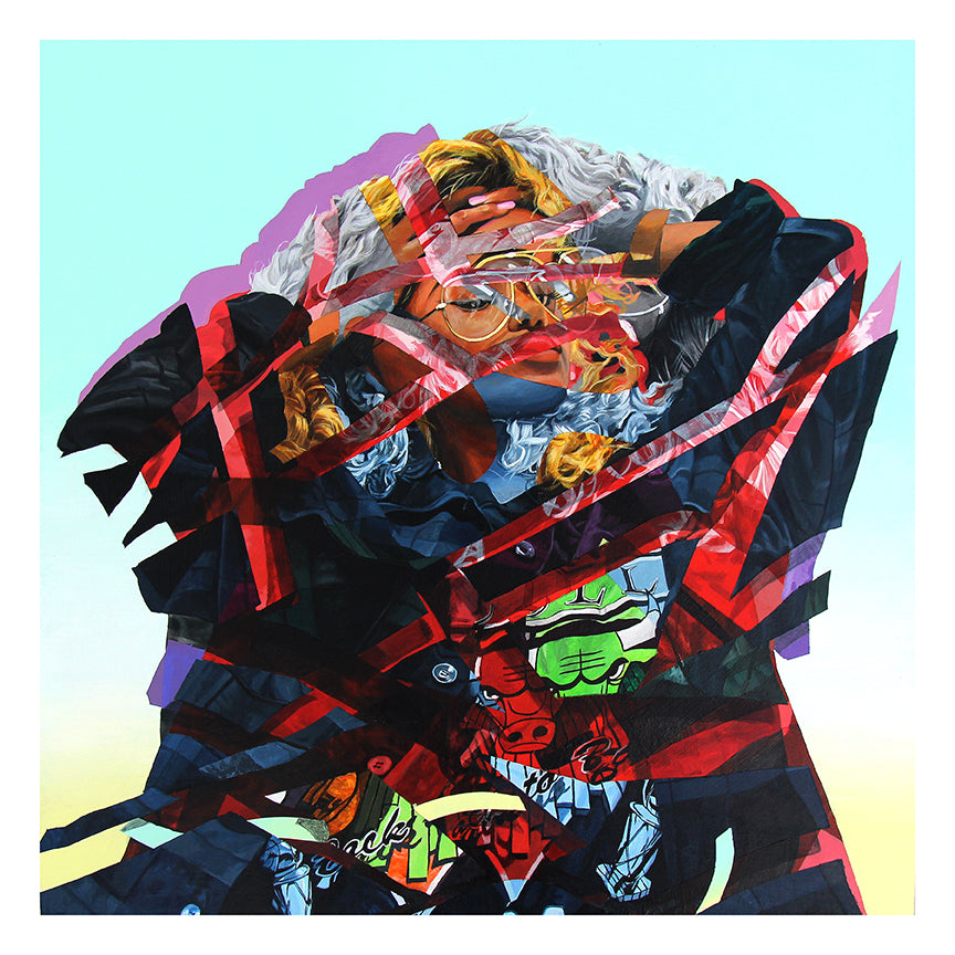 Inner Being by Mwanel Pierre-Louis depicts a fragmented, colorful portrait of a person with curly hair and glasses against a light blue backdrop. The abstract composition uses layered red, black, and multicolored elements for a dynamic effect similar to an Archival Pigment Print.