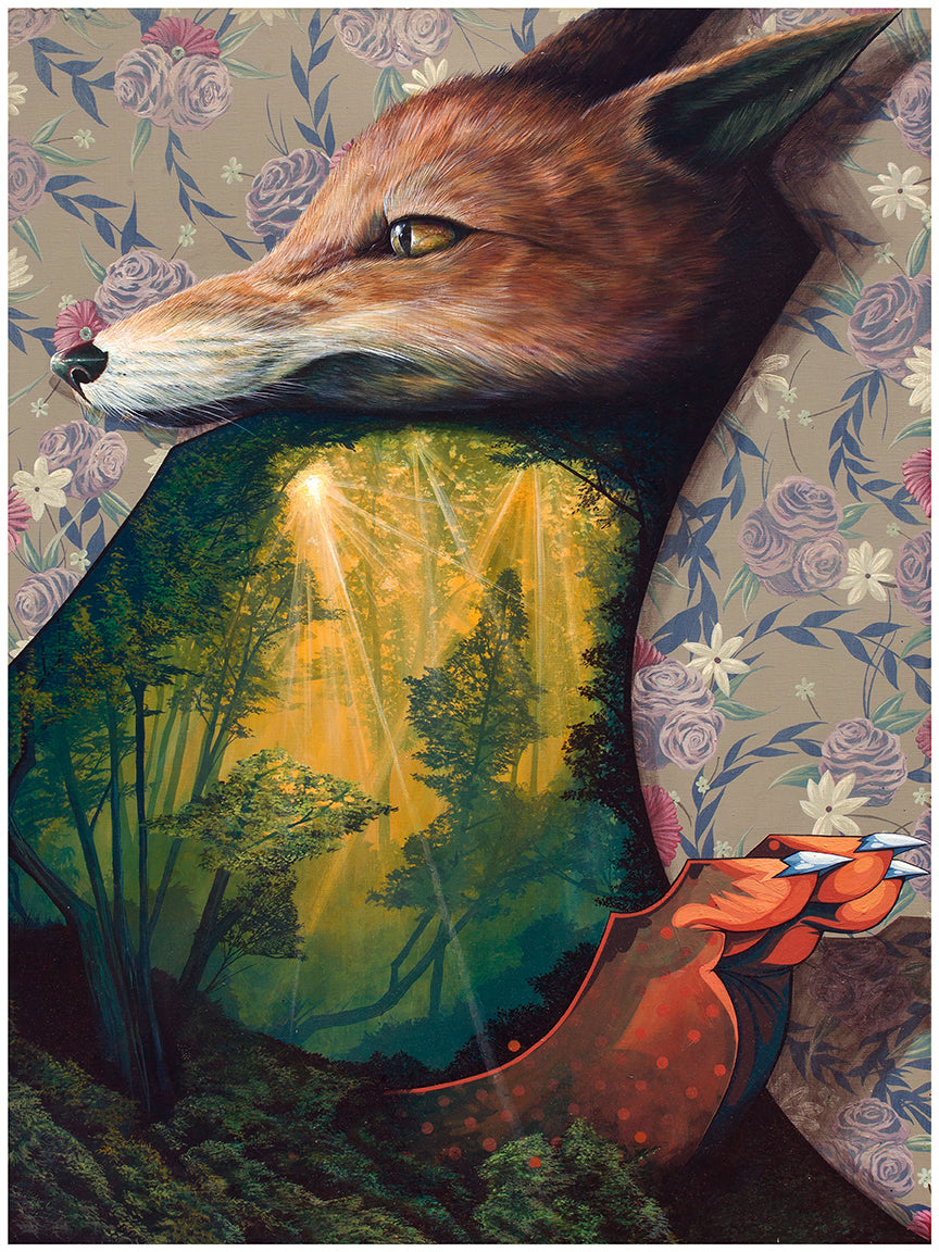 Interlude by Nosego features a surreal fox blending into a sunlit forest, transitioning into a vivid dreamscape with a floral background. Its available as a signed, numbered archival pigment print.