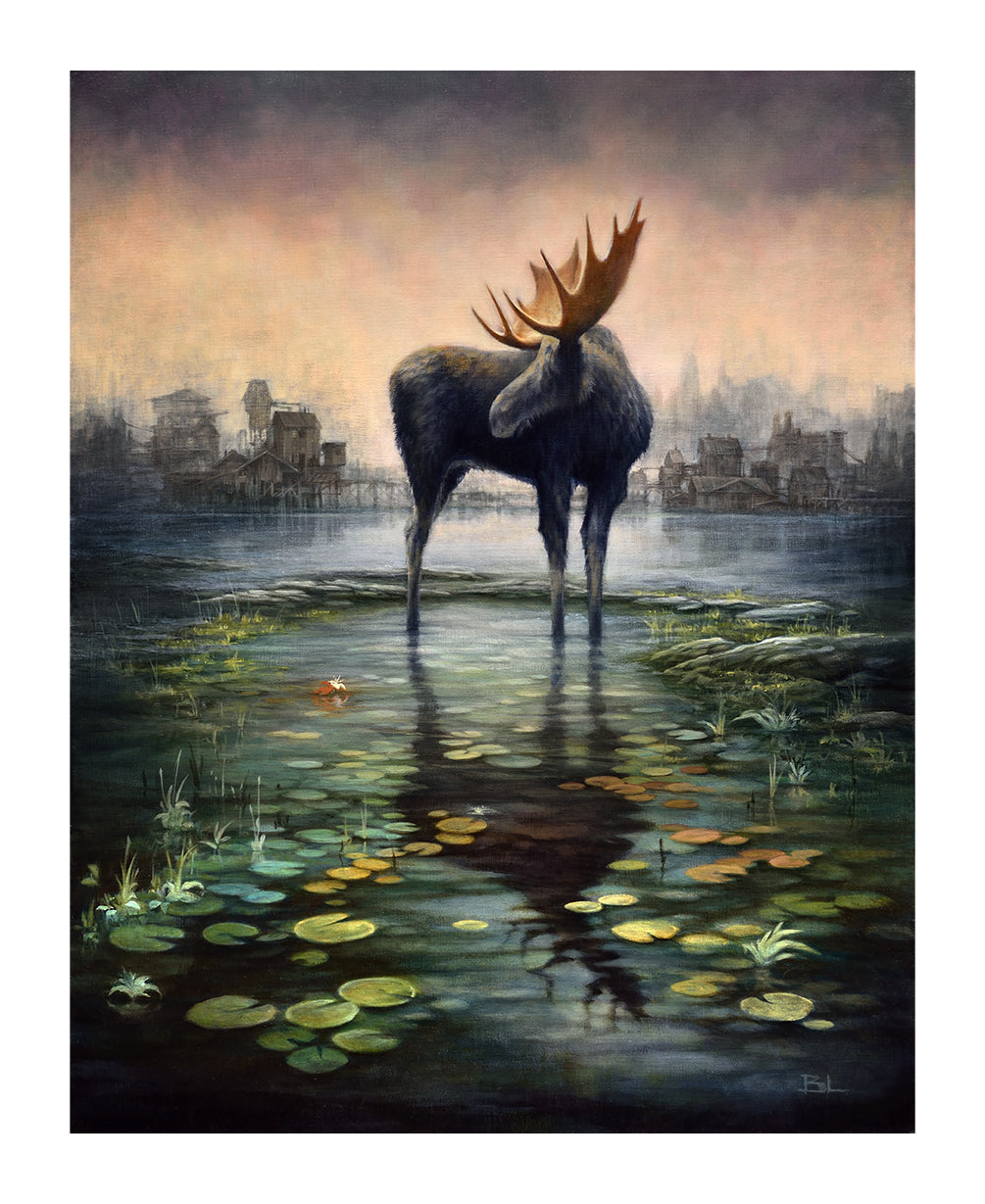 A moose stands in misty water with lilypads, silhouetted by a cityscape against a dusky sky, capturing nature and urban elements. Titled Islands, this scene echoes Brin Levinsons style in an archival pigment print.