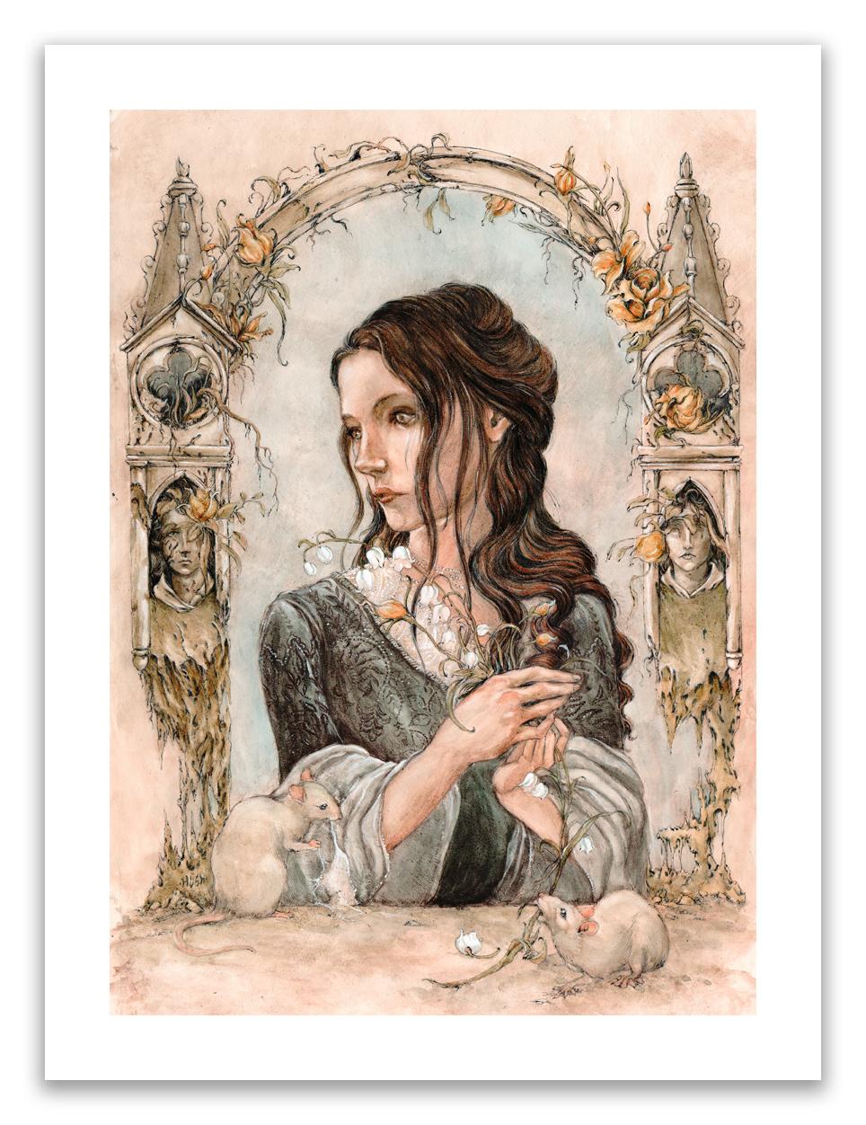 This illustration, titled Minaret by Jeremy Hush, depicts a woman with long dark hair cradling white flowers and framed by an ornate arch with vines and orange blossoms. Two mice linger at the base, while faded faces peer from each side. Its a signed and numbered edition.