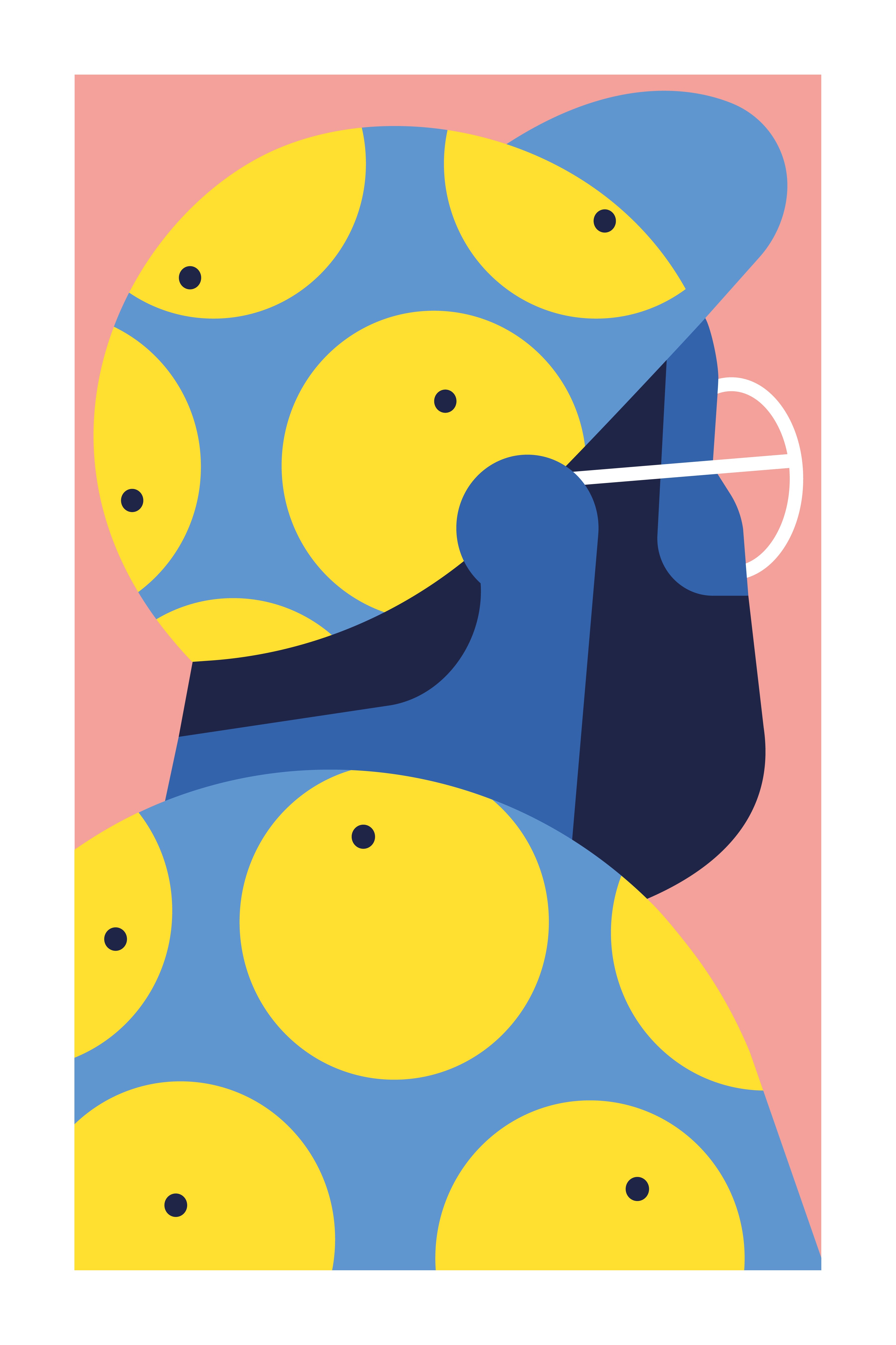 Pectin by Jerome Masi: An abstract profile of a person in a hat and mask with bold blue and yellow polka dots on their clothing, set against a pink background. Archival Pigment Print. Edition of 50, Certificate of Authenticity included.