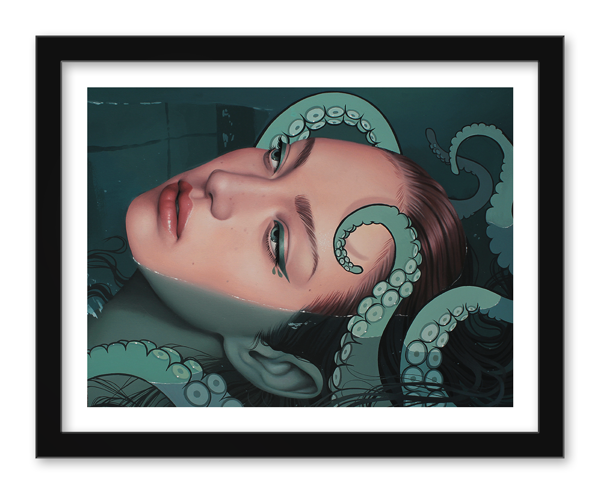 Sarah Joncass Cecaelia is a digital artwork featuring a womans face, long hair, and octopus tentacles underwater. It evokes the mythical cecaelia and is available as an archival pigment print framed in black, showcasing a surreal underwater theme with a blue-green color palette.