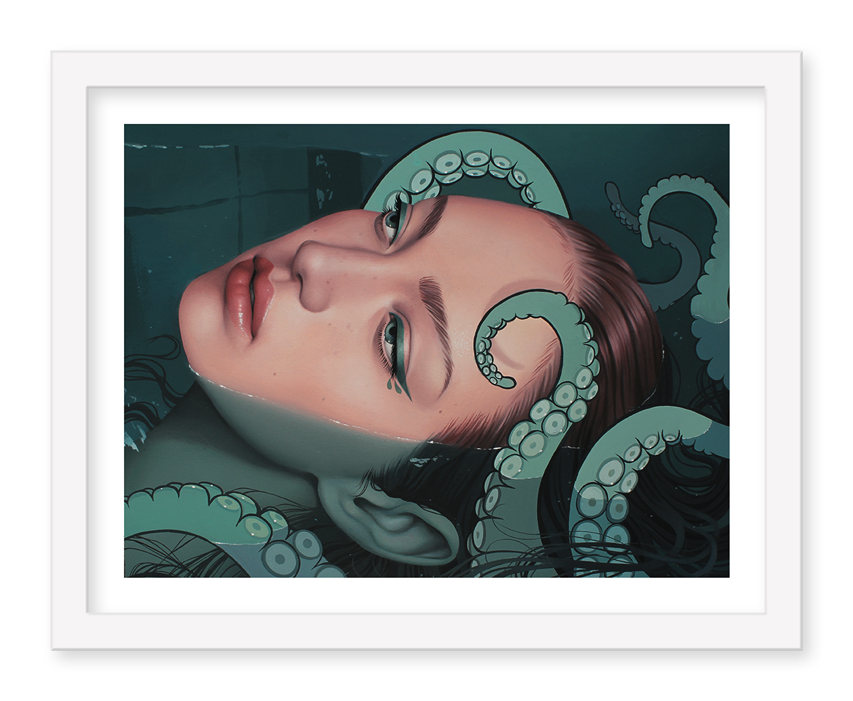 Sarah Joncass Cecaelia features a surreal illustration of a cecaelias face, partially submerged and entwined with octopus tentacles. It has a serene expression and a greenish-blue color scheme, elegantly framed in white.