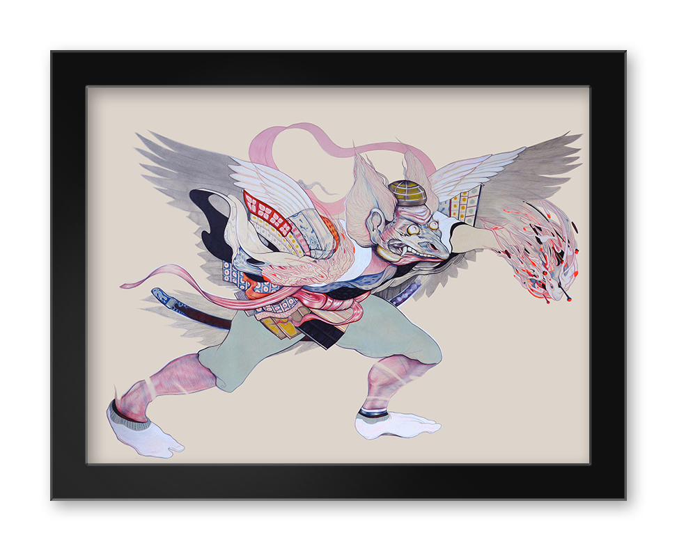 The limited edition artwork Funky Tengu by Jose Mertz features a mythical creature with human-like traits, colorful attire, and wings. It throws pointed feathers and displays a fierce expression. Its signed, numbered, set on a neutral background, and framed with a black border for authenticity.