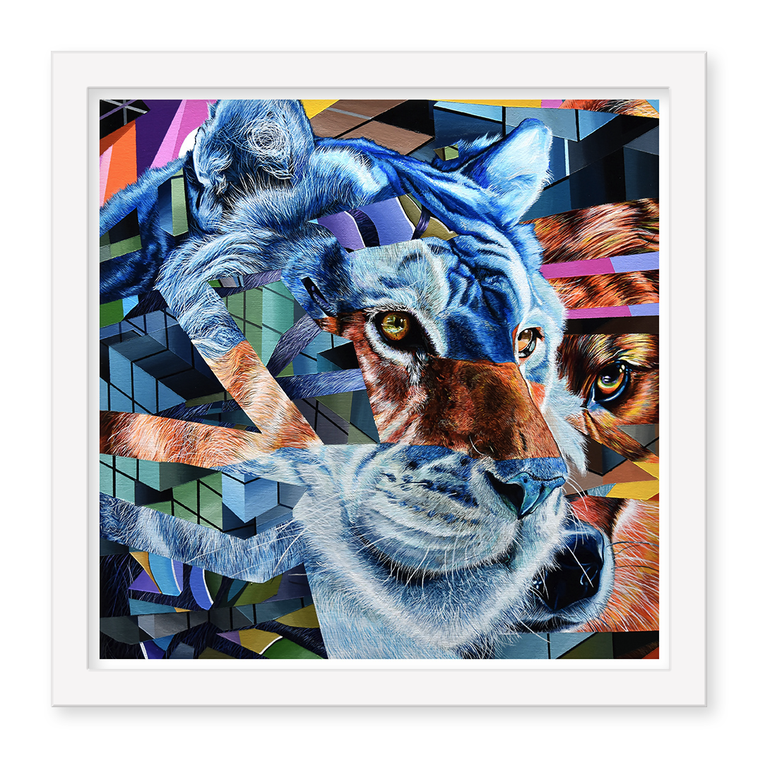 Juan Traviesos Expiring #6 features a lions face with an ape, entangled in abstract geometric shapes. This archival pigment print boasts vibrant blues, oranges, and reds for a dynamic surreal look inside a white frame. Each piece is signed and numbered for authenticity.