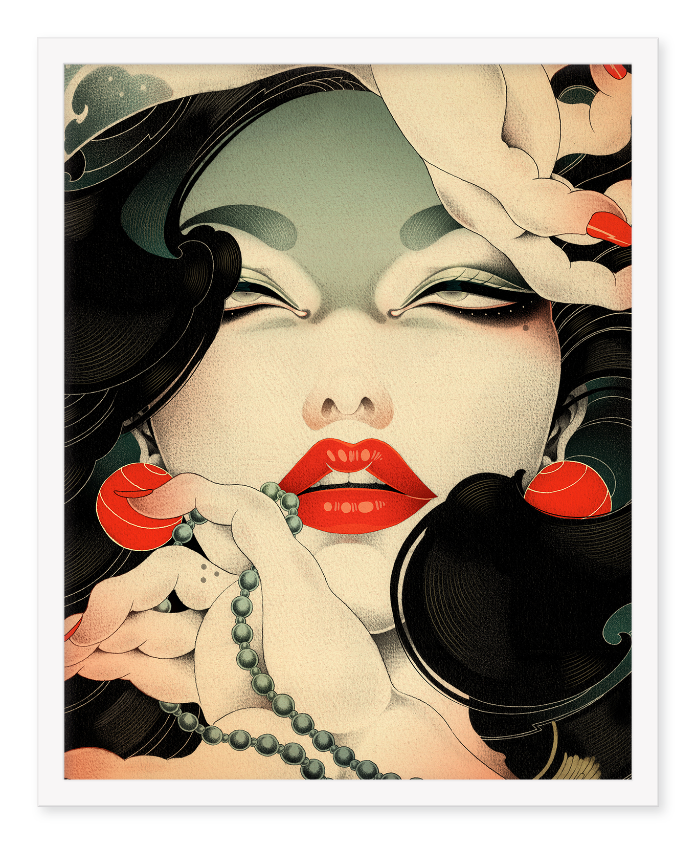 The KANRO archival pigment print by ONEQ features a stylized woman with long dark hair, vivid red lips, and red circular earrings. She holds a green beaded necklace as her hands frame her serene face, capturing the artists signature style.