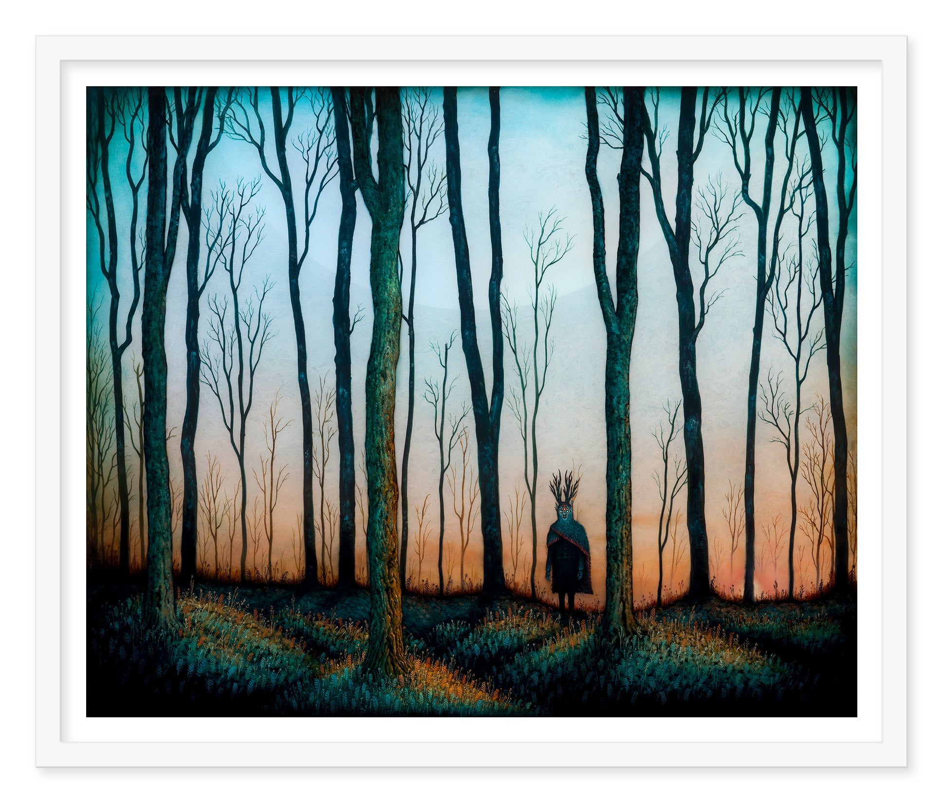 Enter the Deep Hour, an Andy Kehoe signed and numbered archival pigment print, features a mysterious antlered figure in a leafless forest. As the sky shifts to warm orange, shadows and light craft patterns on the forest floor, creating a surreal masterpiece.