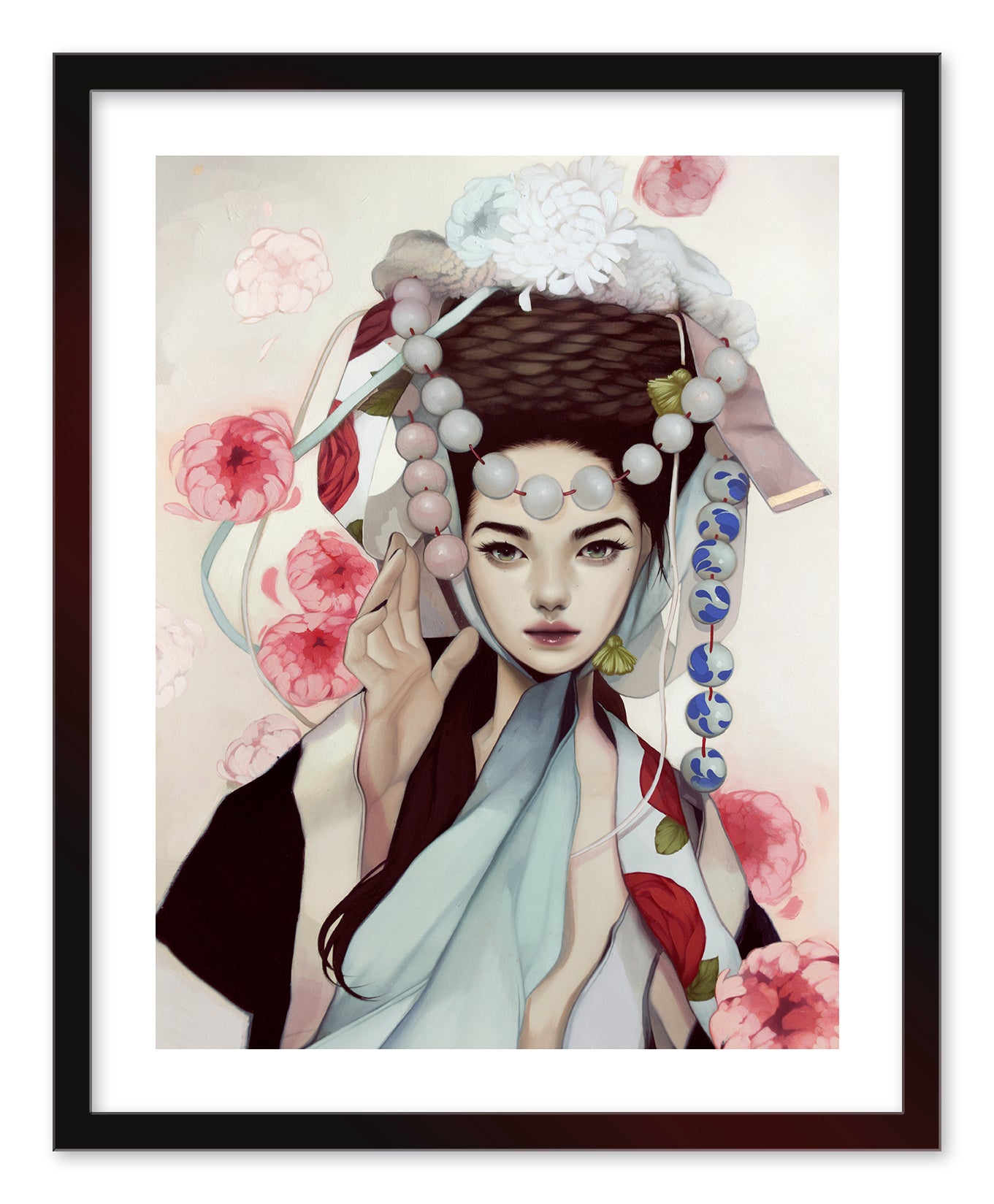 A hand deckled archival pigment print titled The Seamstress by Kelsey Beckett features digital artwork of a woman with intricate bead and flower headwear, a serene expression, and a backdrop of soft pastel blooms.