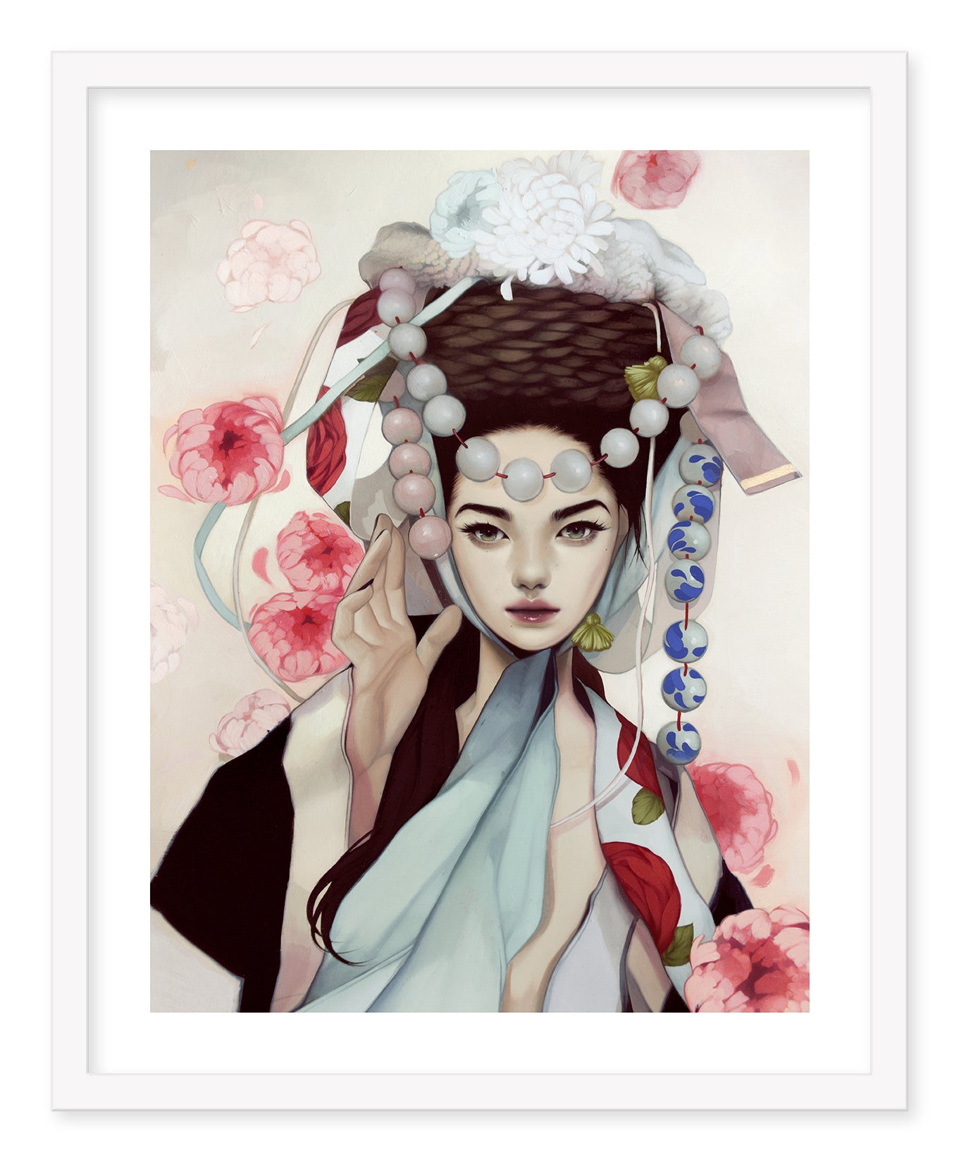 The Seamstress by Kelsey Beckett depicts a woman in flowing garments, a detailed headdress with beads and floral designs, set against a soft background with floating pink flowers, emulating the style of a hand-deckled archival pigment print.
