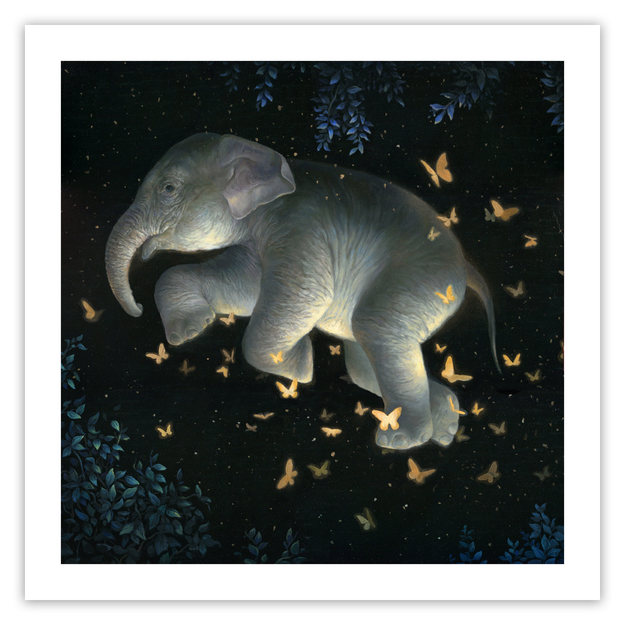 In KiSung Kohs Midnight Ballet, a young elephant floats peacefully in a starry night sky, surrounded by glowing butterflies. The ethereal scene is framed by dark foliage.