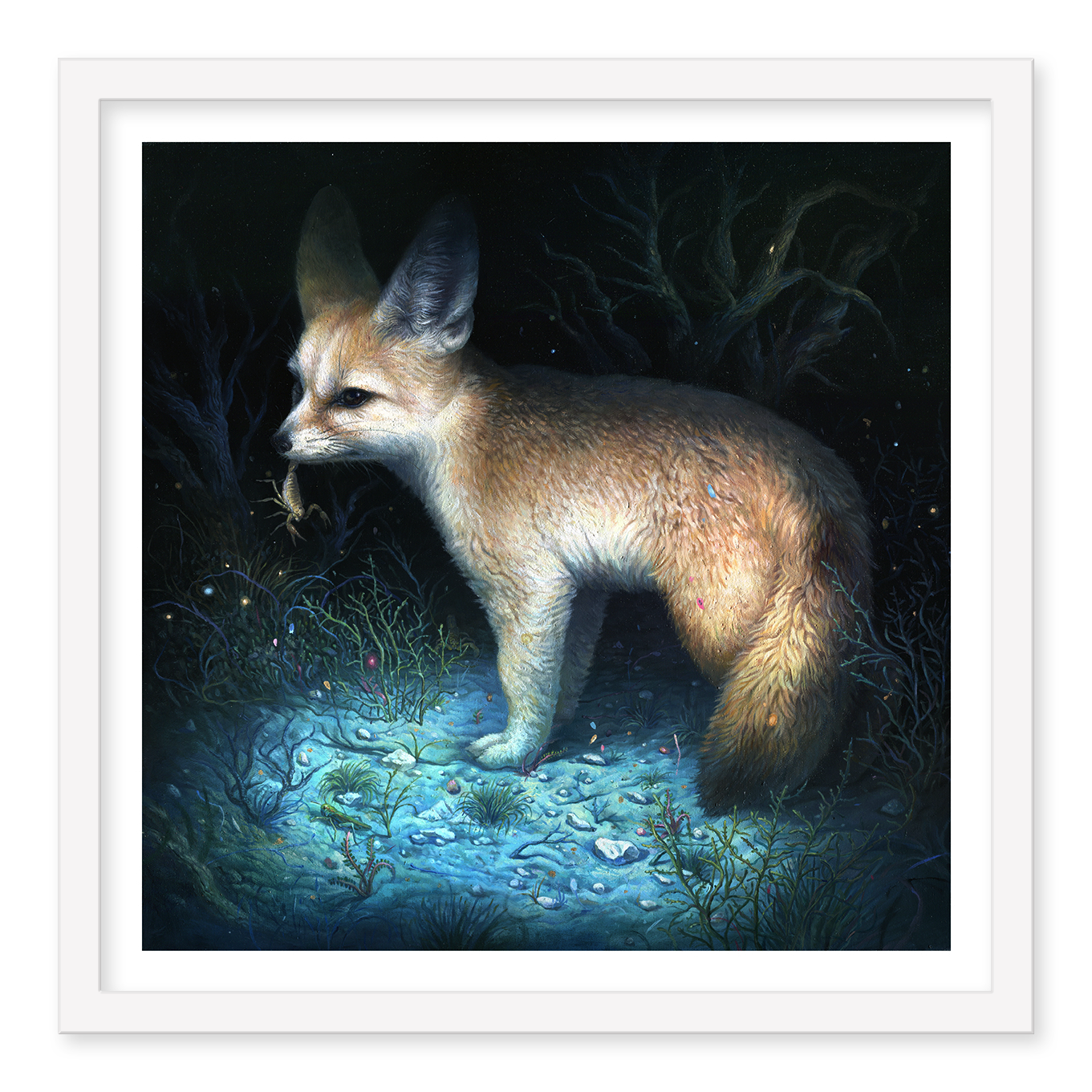 A fennec fox with large ears stands on glowing blue ground, rodent in mouth, against a dark forest scene. This signed and numbered edition, "Neith" by KiSung Koh, captures the nocturnal moment beautifully.