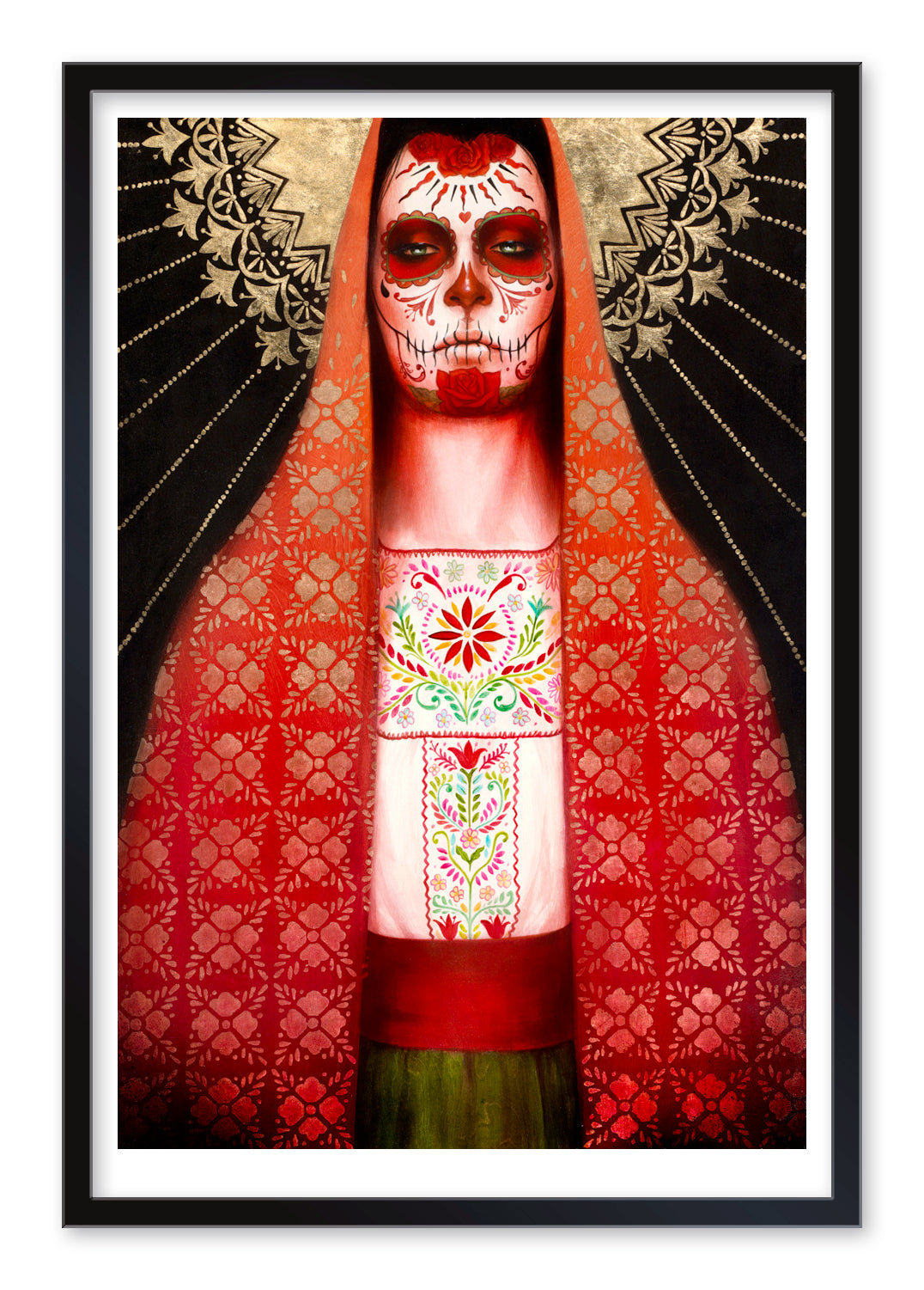 The La Virgin de la Soledad Artists Proof by Sylvia Ji features a portrait with sugar skull face paint, wearing a red and white embroidered robe and shawl. Intricate patterns and a celestial halo evoke a Day of the Dead theme.