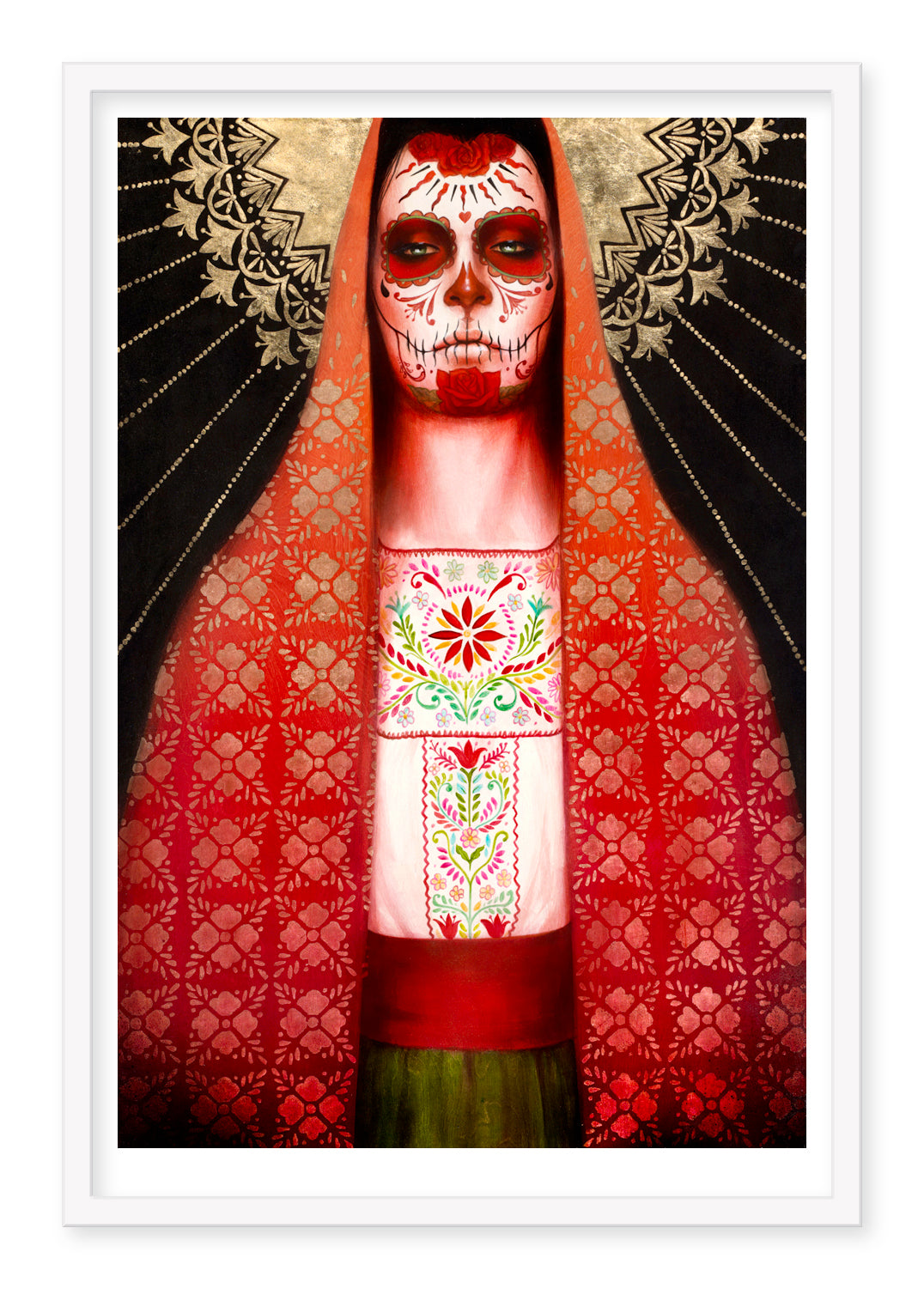 A painting in Sylvia Jis style, La Virgin de la Soledad (Artists Proof), shows a person adorned in traditional Day of the Dead attire with a red veil, intricate patterns, a colorful embroidered shirt, and a painted skull face, set against an ornate background.