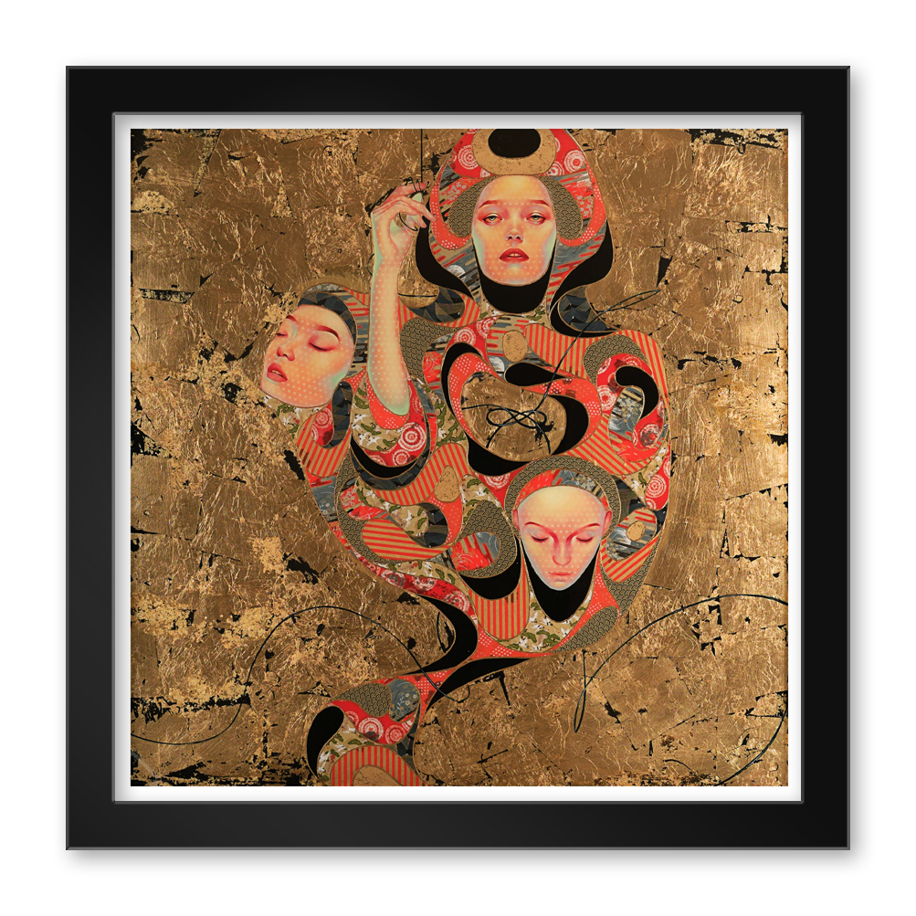 The Tsunagaru by Lauren Brevner features stylized human faces intertwined with intricate patterns on a textured gold background. Hand embellished with vibrant colors and swirling designs, it is framed in black and embodies her signature style.
