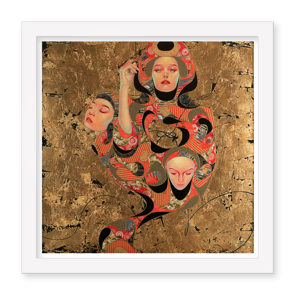 Lauren Brevners Tsunagaru showcases intertwined female faces and abstract forms on a golden textured background, enhanced with hand-embellished patterns and vibrant colors, creating a dynamic and dreamlike scene within a white frame.