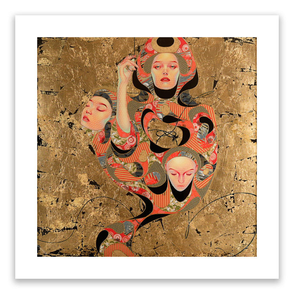 Lauren Brevners Tsunagaru showcases three intertwined stylized faces with swirling patterns, enhanced by hand-embellished textured gold surfaces that amplify the intricate, colorful designs.