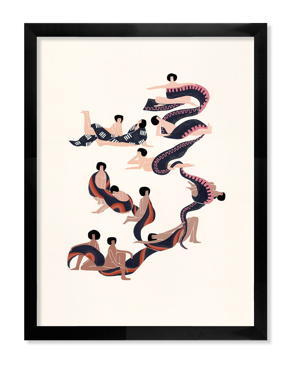 The Weaving giclee from Laura Berger features abstract human figures intertwined with colorful swirling ribbons in pink, blue, and black hues. Set within a sleek black-framed canvas, its vertical composition echoes Bergers signature style.
