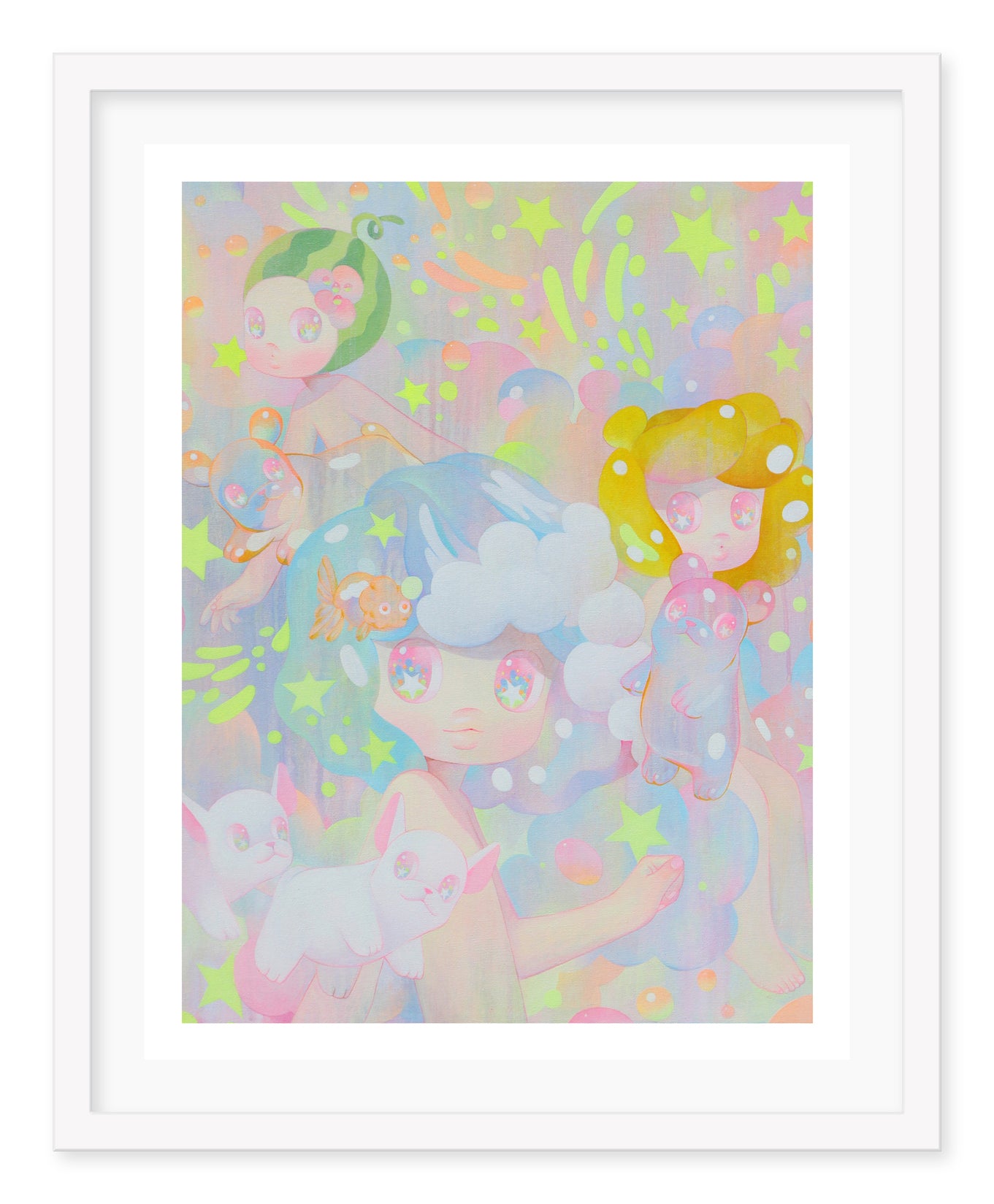Lullaby by So Youn Lee is a colorful, whimsical archival pigment print. Featuring pastel fantasy characters with large eyes amidst stars, bubbles, and cute animals, its hand-embellished for extra charm.