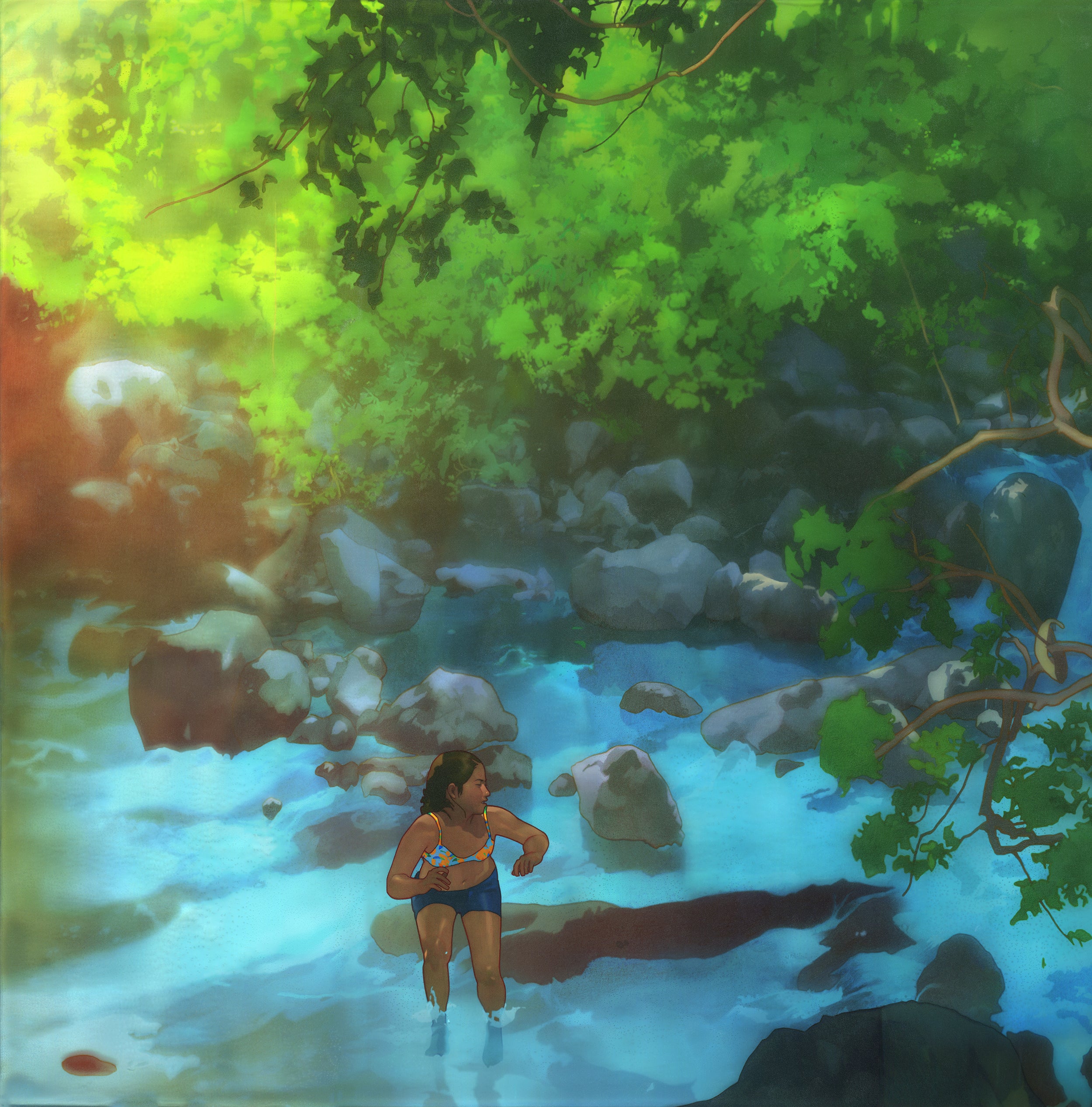 In Edwin Ushiros archival pigment print, You Have the Rest of Your Life to Figure Out the Consequences..., a person swims in a sunlit forest river among rocks and lush trees, with sunlight filtering through leaves to create a tranquil, natural scene.