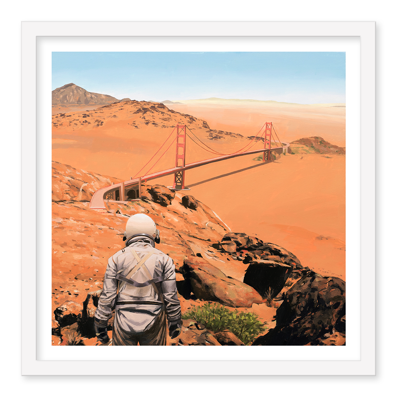 An astronaut surveys a rocky orange desert where the Golden Gate Bridge lies partially buried, depicted in "The Bridge" art print by Scott Listfield, inspired by his signature style.
