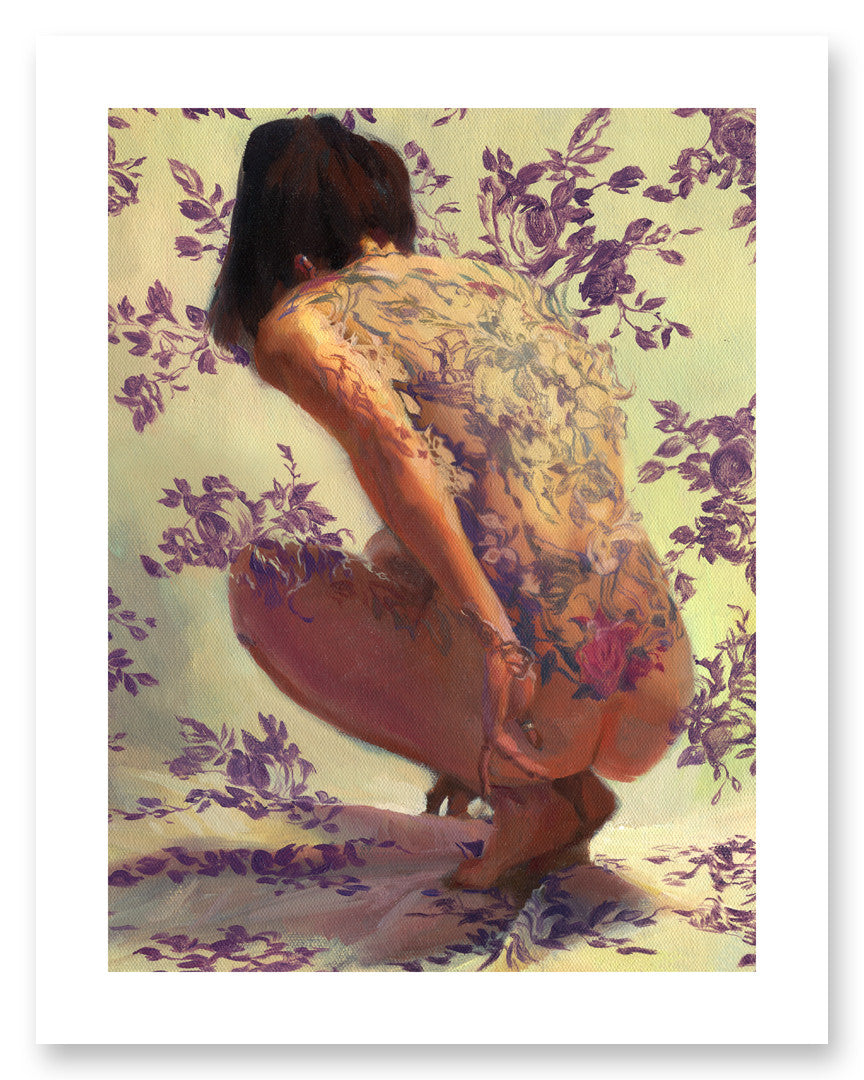 A woman crouches against a floral backdrop that blends with her tattooed skin in the limited edition Tuscany Superb print by Sergio Lopez. Her back is turned, showcasing intricate purple floral designs that merge her form with the background, reminiscent of fine art giclee works.