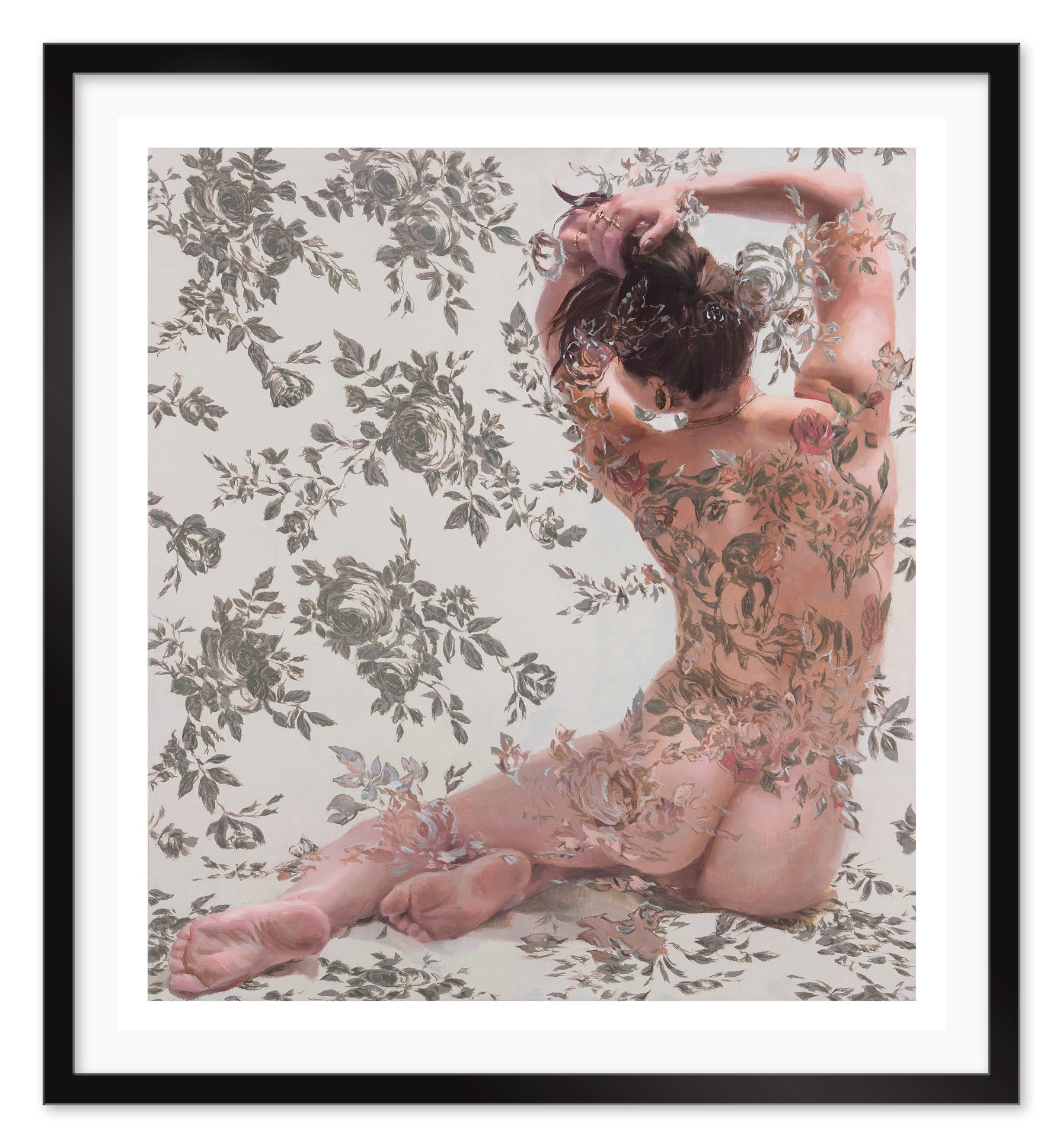 The framed artwork Lamarque Reprise by Sergio Lopez features a nude figure with their back to the viewer, seamlessly blending into a floral pattern, reminiscent of an intricate archival pigment print.