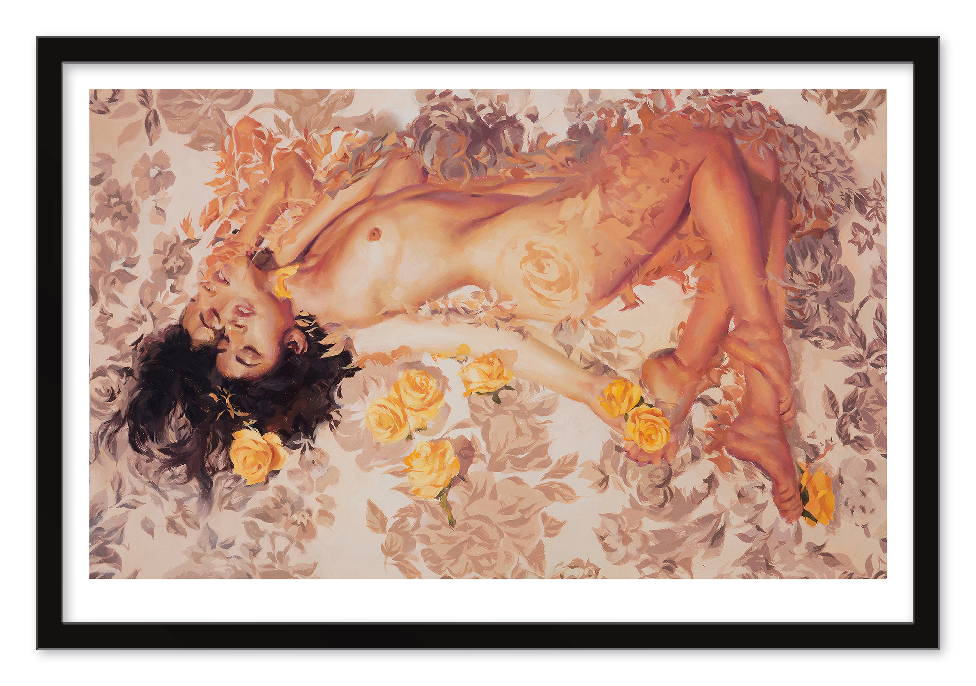 Sergio Lopezs Glowing Peace features a nude figure amidst yellow roses on a floral backdrop. This archival pigment print, detailed in soft, warm hues, exudes tranquility and is elegantly framed with a black border.