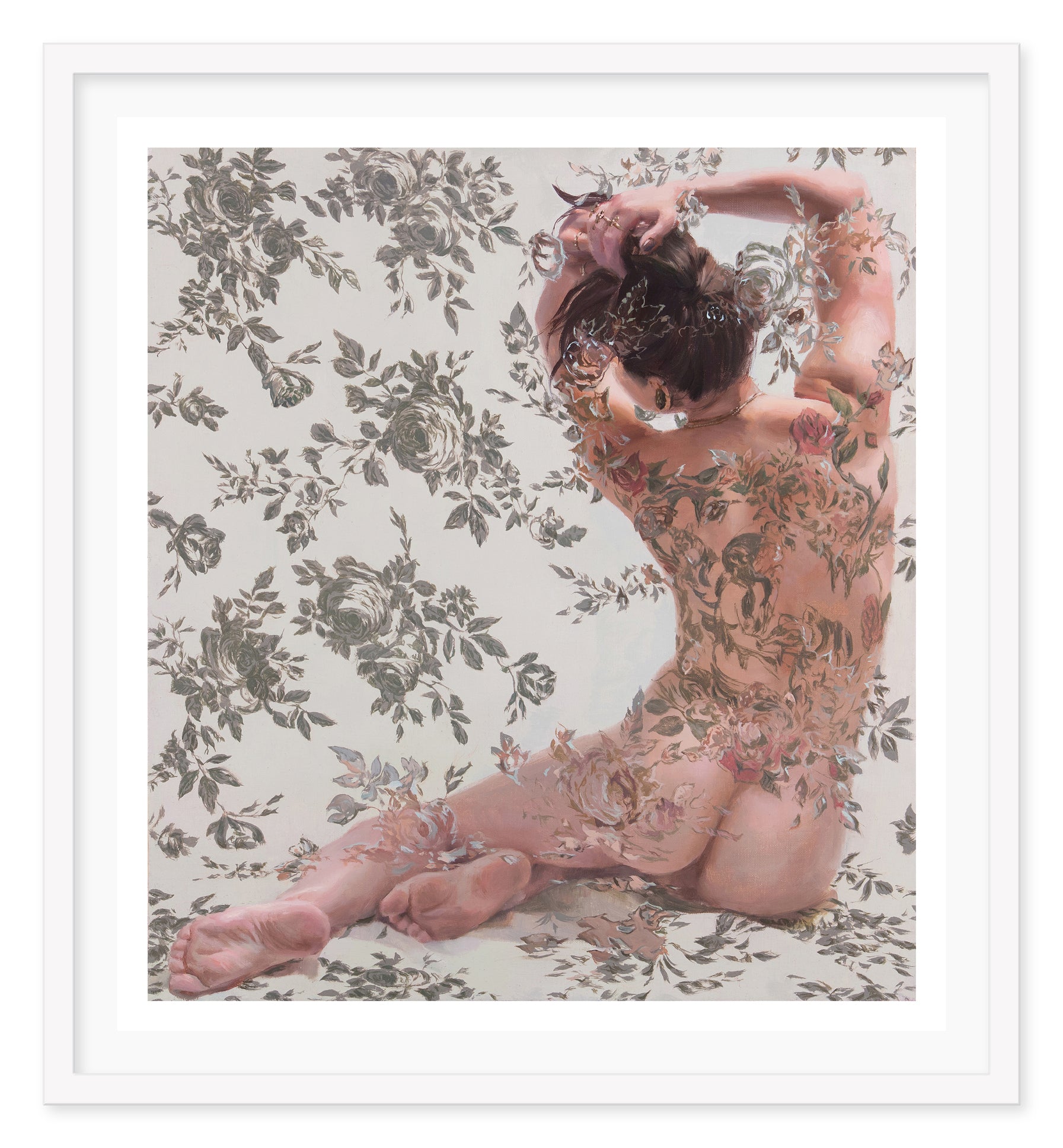 A figure sits against a floral-patterned backdrop, reminiscent of Sergio Lopezs style. Their body merges with the pattern, echoing the serene elegance of an archival pigment print from Lamarque Reprise.