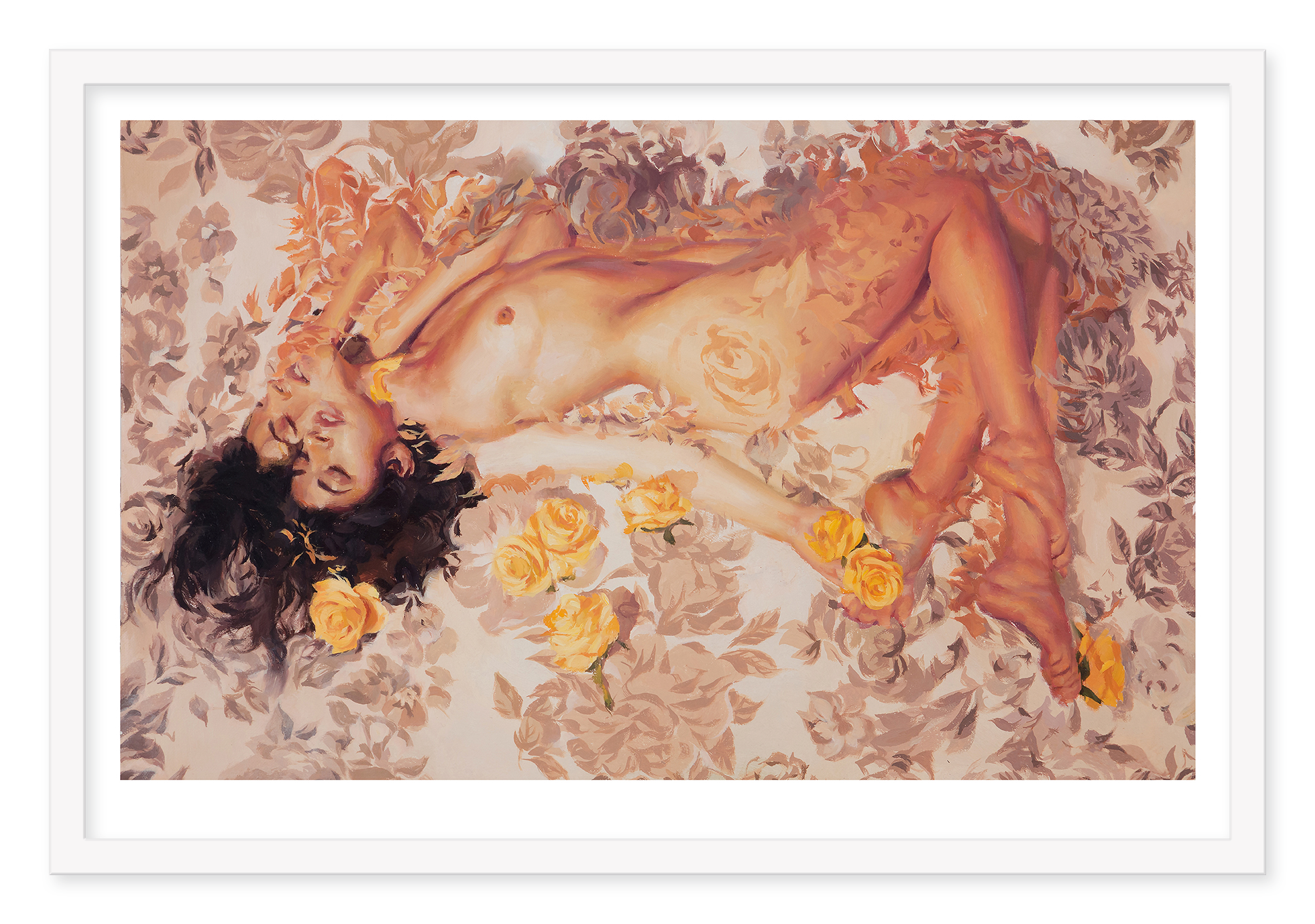 Glowing Peace by Sergio Lopez is an archival pigment print that beautifully depicts a nude figure on a floral-patterned background, with yellow roses blending into the figures hair in warm, soft tones, evoking a serene glow.