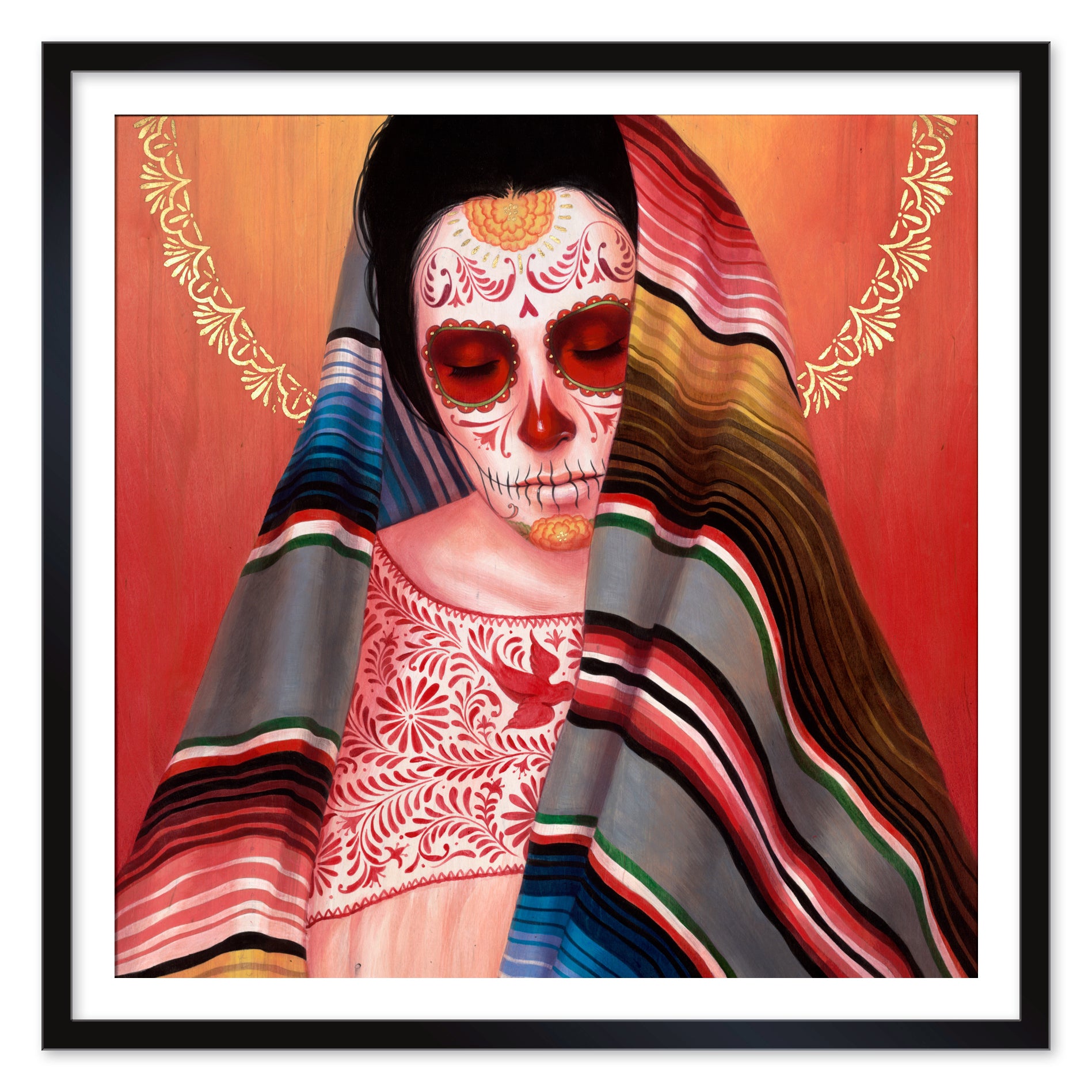The "Madré" (Artist's Proof) by Sylvia Ji features a woman with detailed Day of the Dead face paint and a colorful shawl, her head bowed before a red backdrop—evoking the vibrant spirit of Sylvia Ji’s celebrated art prints.