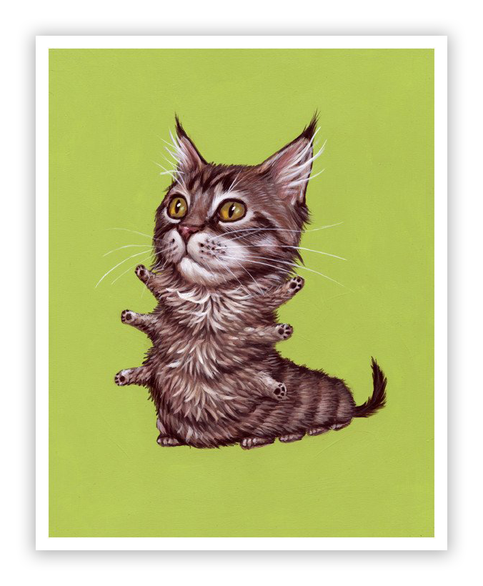 This limited edition, signed and numbered fine art print by Casey Weldon, titled Maine Coon, features a multi-legged cat resembling a caterpillar against a green background, with wide eyes and a fluffy tail.